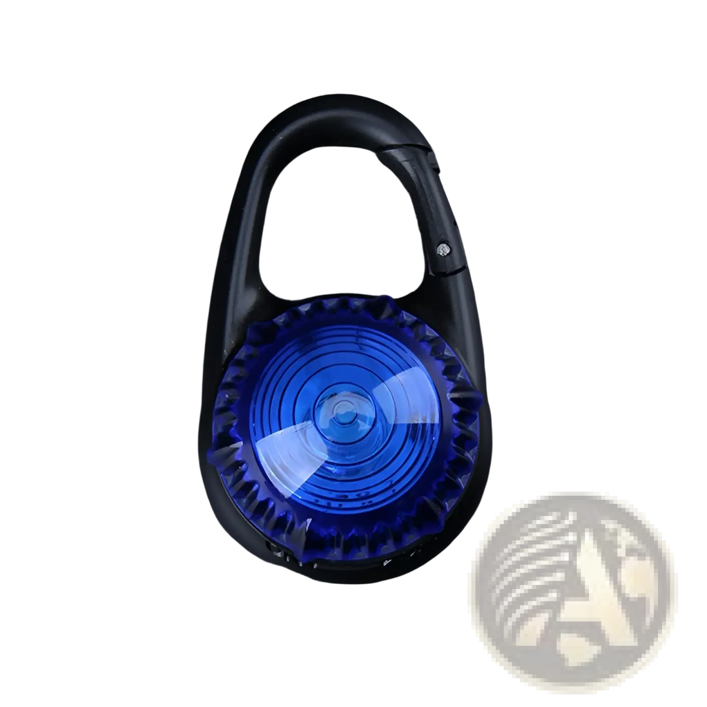 Blue translucent led dog collar safety light clip attached to a black metal carabiner for enhanced pet visibility