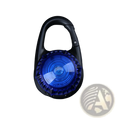 Blue translucent led dog collar safety light clip attached to a black metal carabiner for enhanced pet visibility