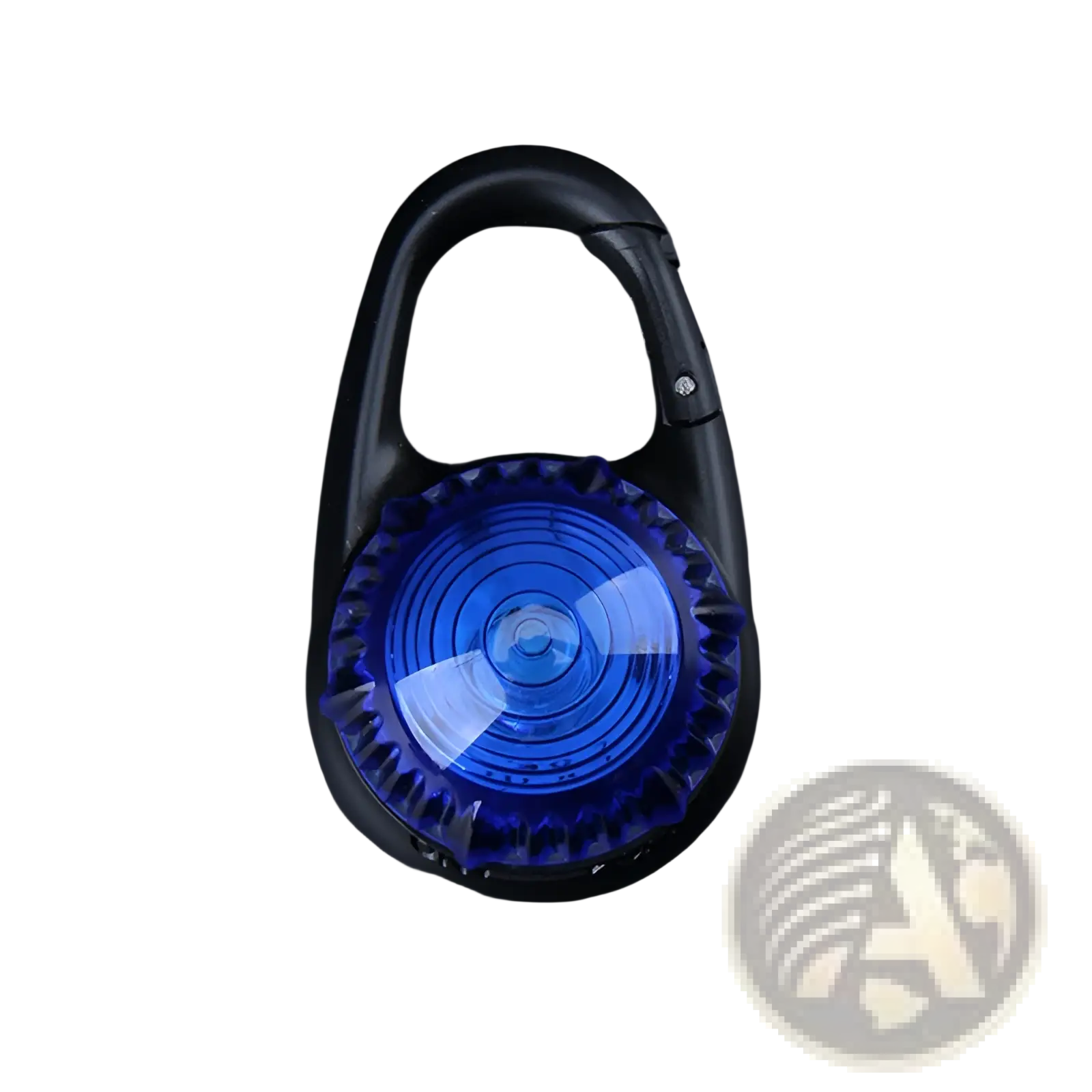 Blue translucent led dog collar safety light clip attached to a black metal carabiner for enhanced pet visibility