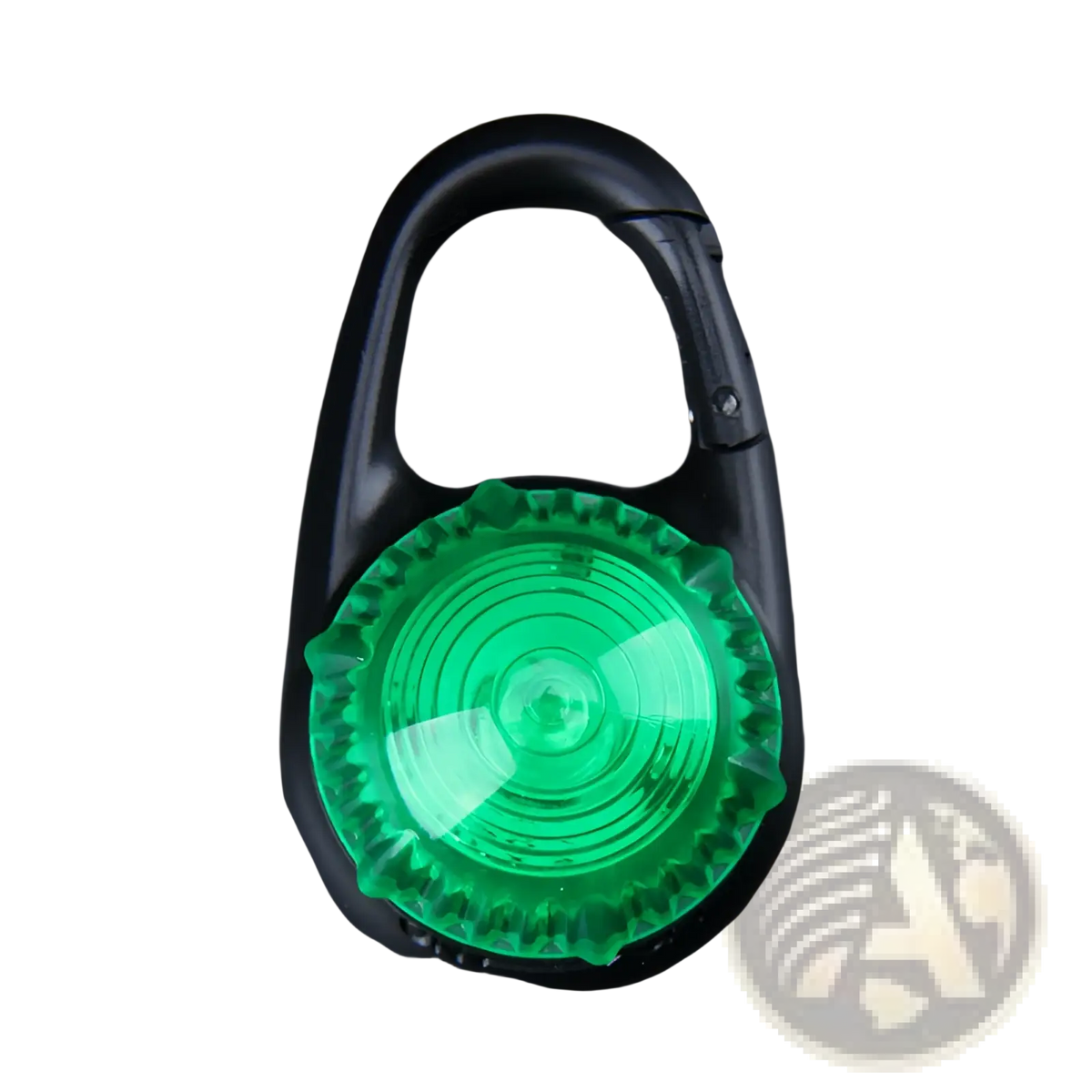 Led dog collar safety light clip with green translucent circular light attached to a black carabiner for visibility