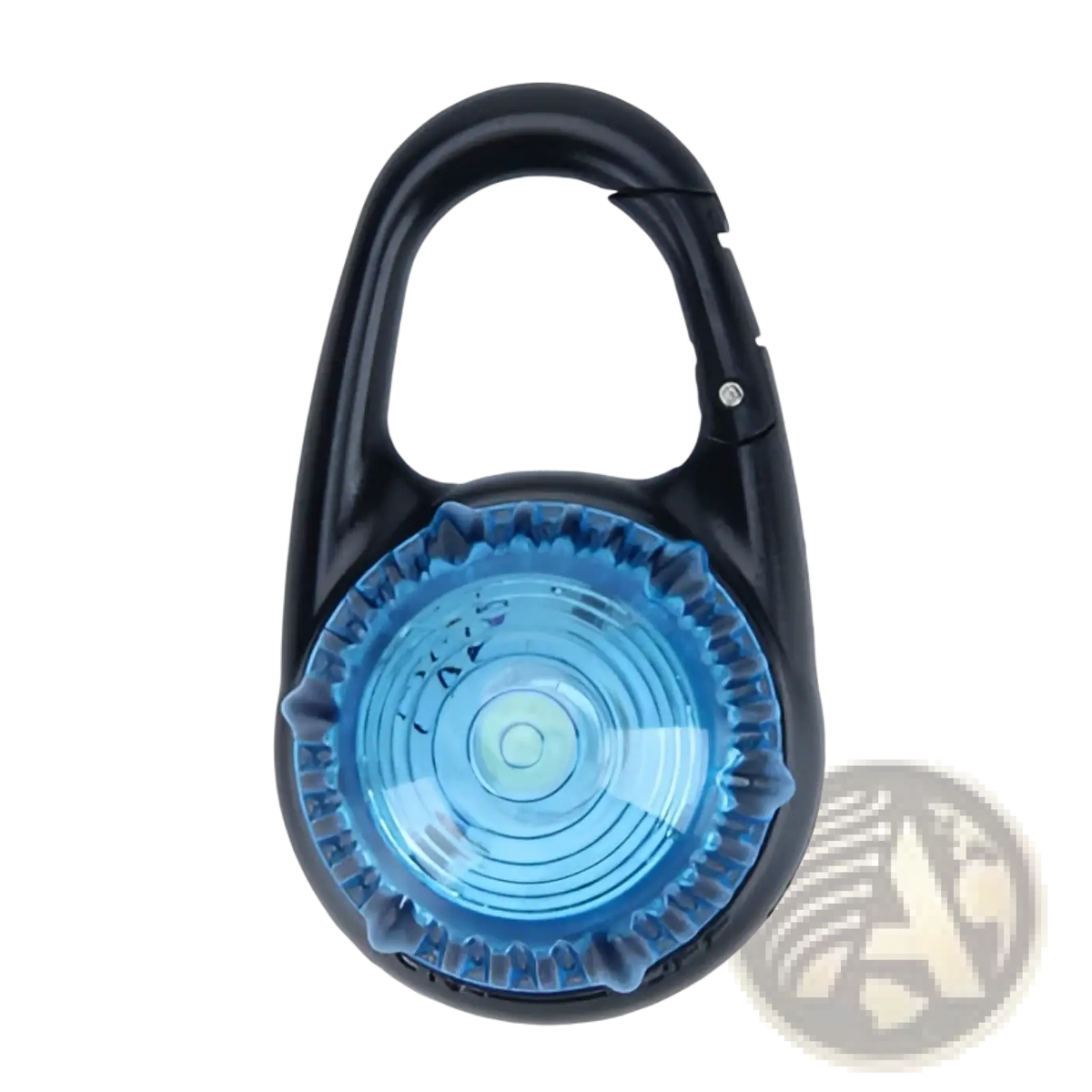 Led dog collar safety light clip featuring a black carabiner-style clip with a translucent blue circular led light