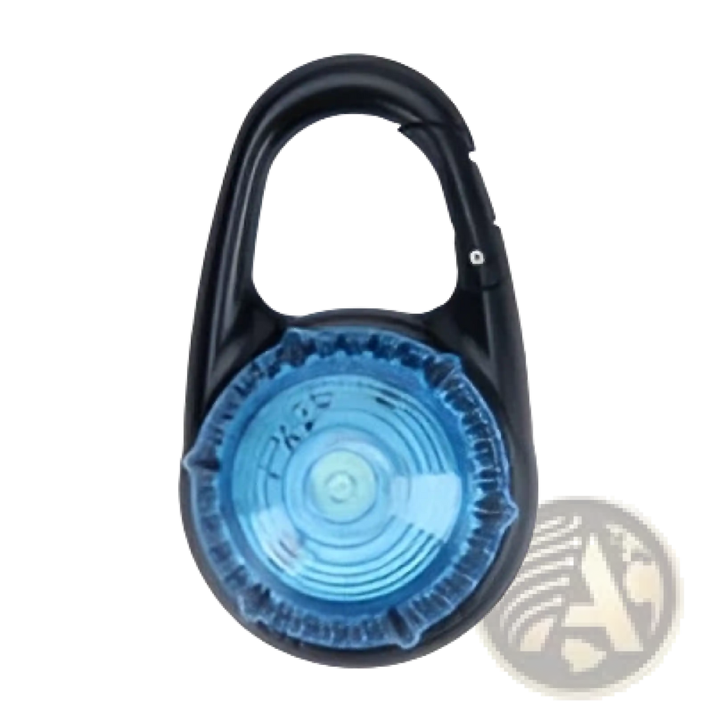 Black carabiner-style clip led dog collar safety light with translucent blue circular lens for visibility