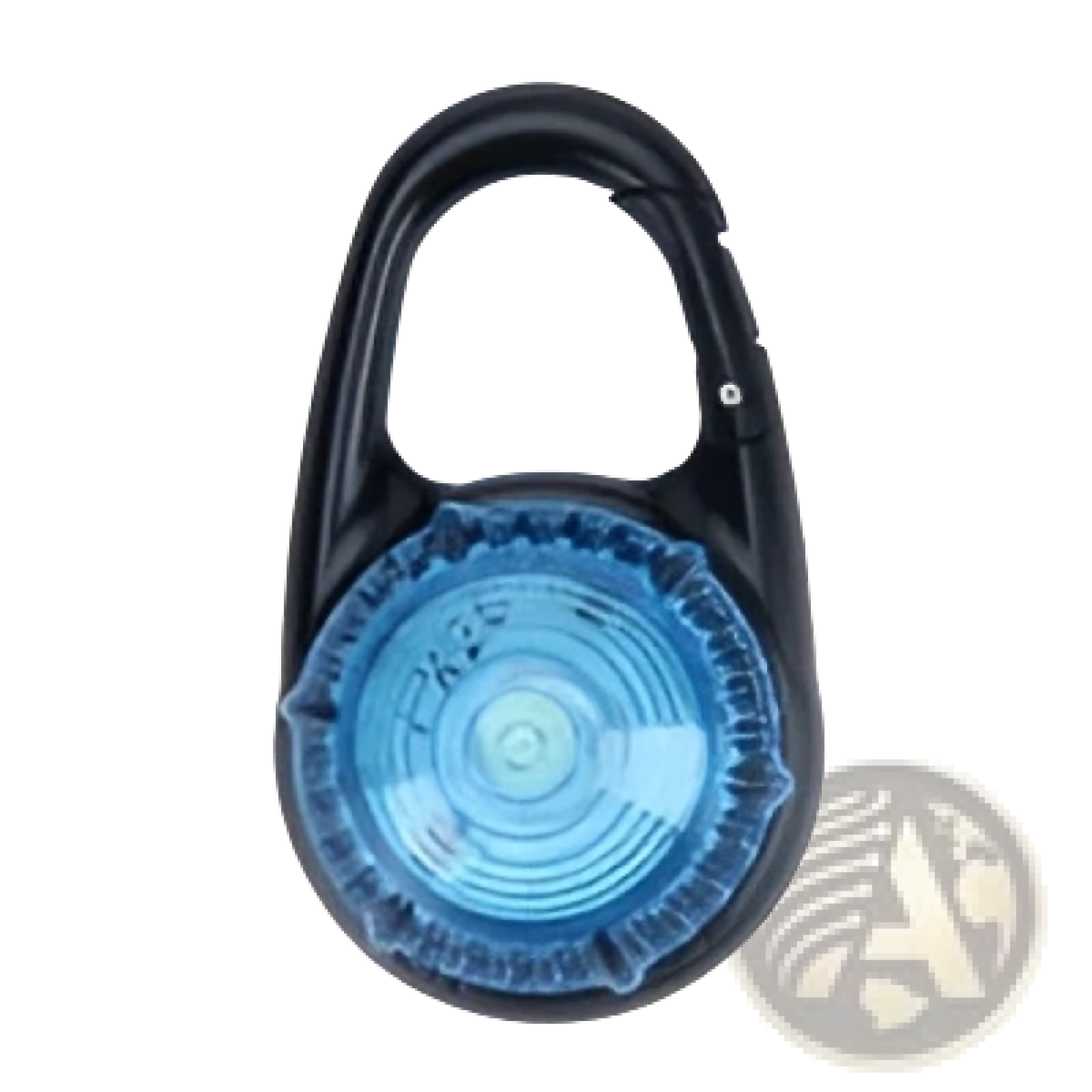Black carabiner-style clip led dog collar safety light with translucent blue circular lens for visibility