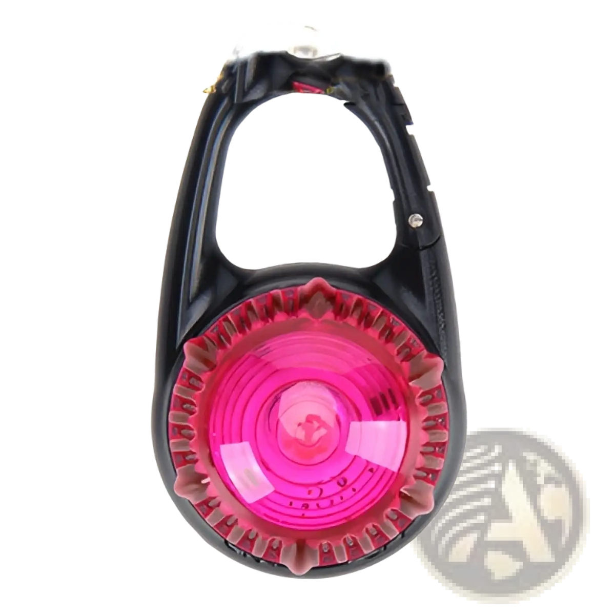 Black plastic carabiner-style led dog collar safety light clip with bright pink textured lens for visibility and safety