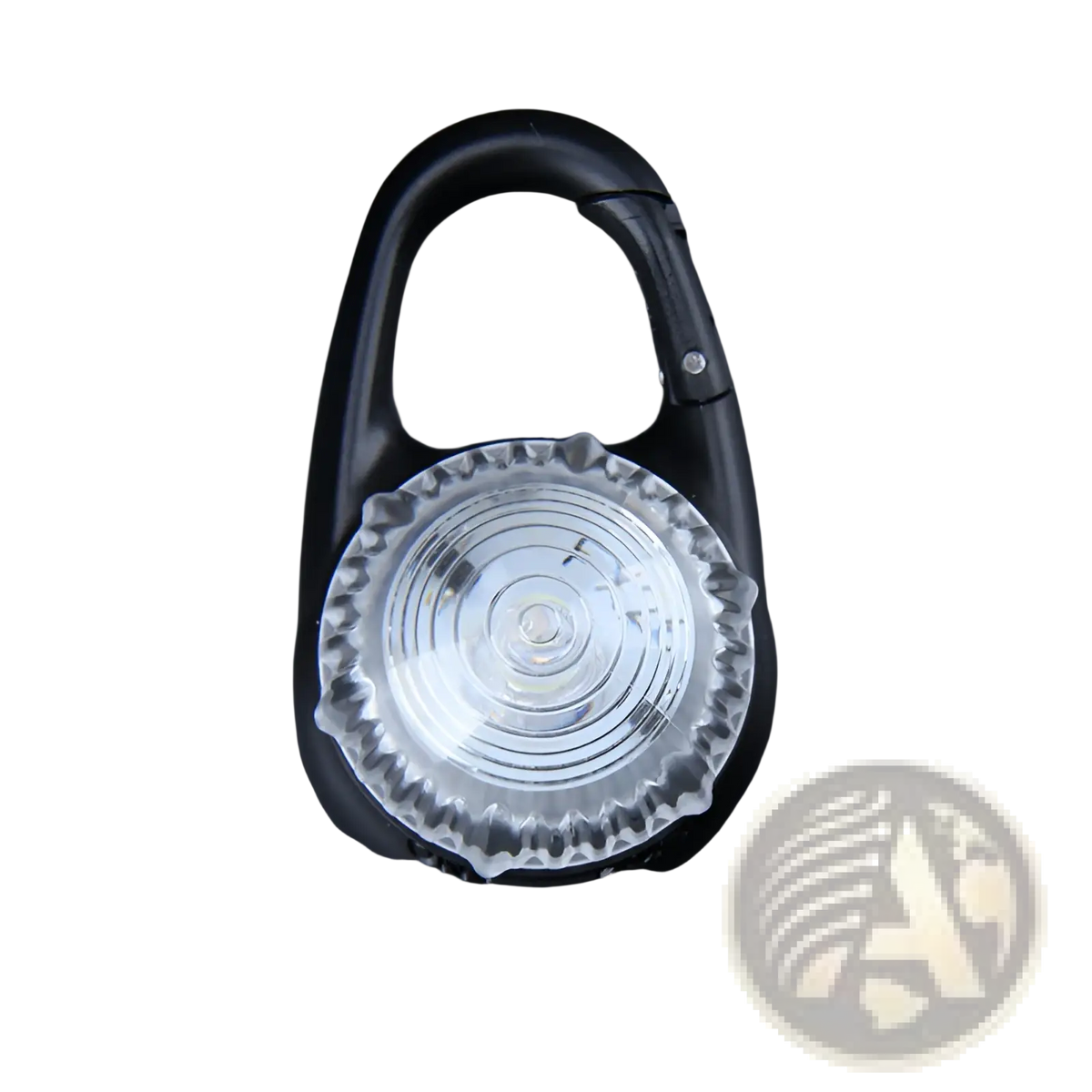 Black carabiner-style led dog collar safety light clip with clear textured lens featuring concentric circular ridges