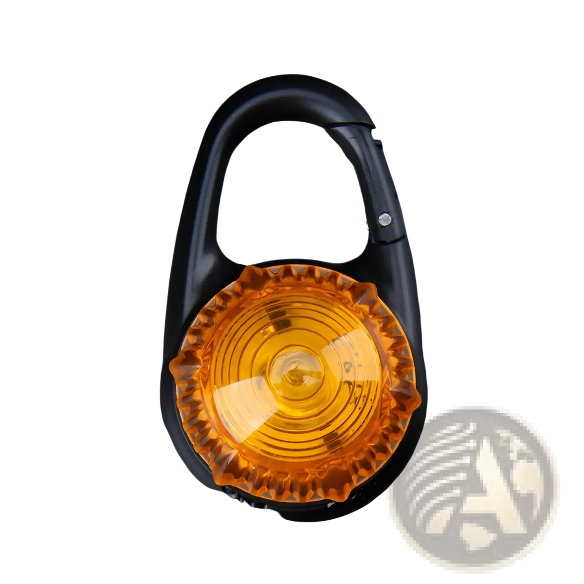 Black carabiner led dog collar safety light clip with amber textured lens featuring concentric circular ridges