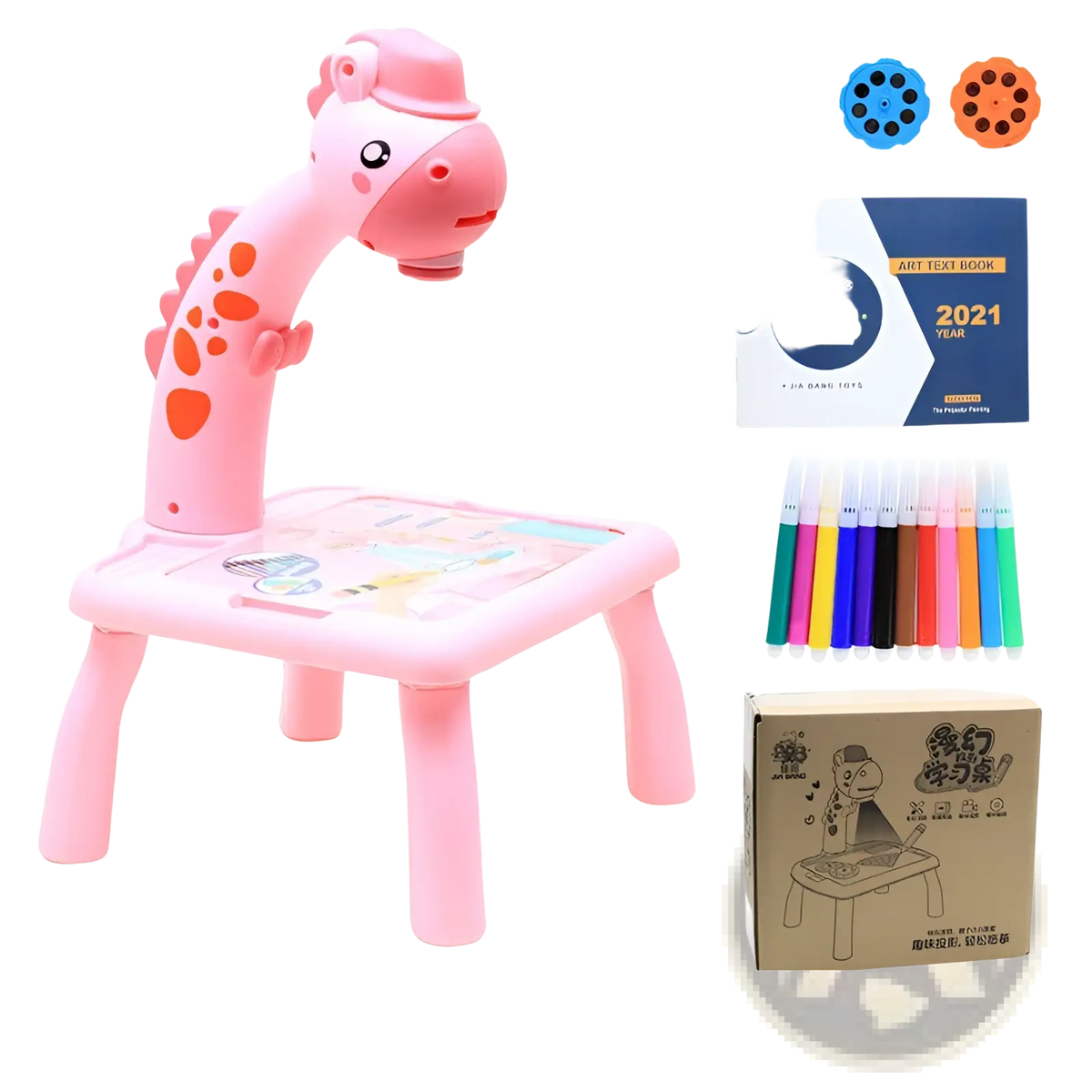 Led drawing projector table for kids in pink plastic with orange spotted giraffe-shaped projector and matching table