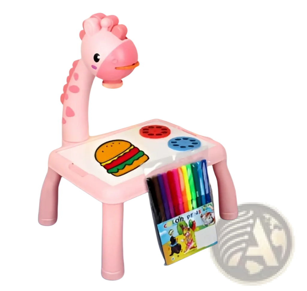 Led drawing projector table for kids art painting featuring a pink plastic zebra-shaped projector projecting a hamburger image