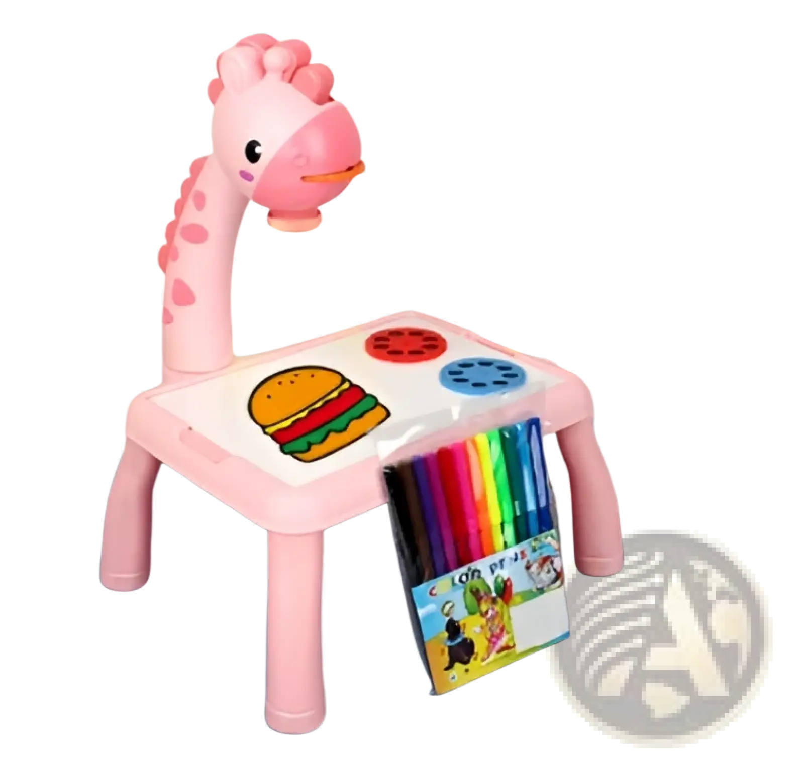 Led drawing projector table for kids art painting featuring a pink plastic zebra-shaped projector projecting a hamburger image