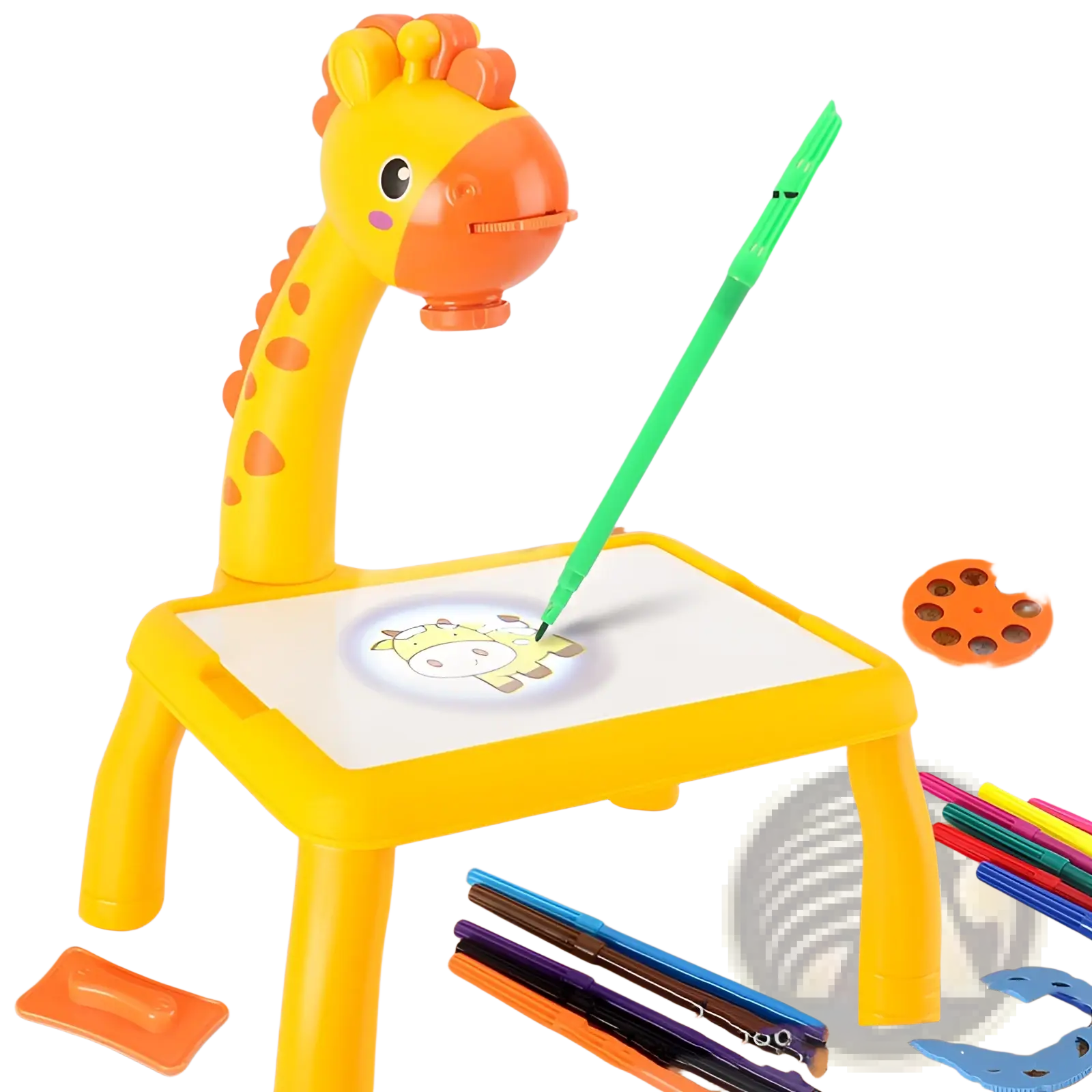 Yellow giraffe-shaped led drawing projector table with orange spots and green pen for kids art painting on table surface