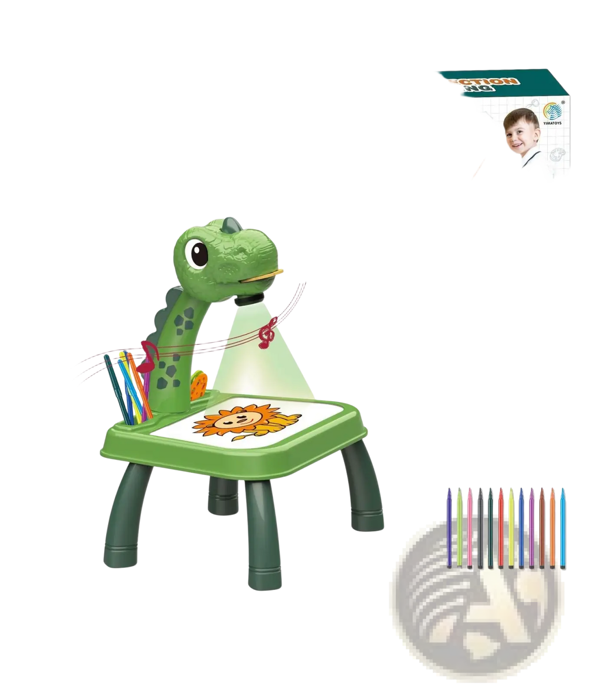 Led drawing projector table for kids featuring a green dinosaur shape with colorful pencils and a drawing book included