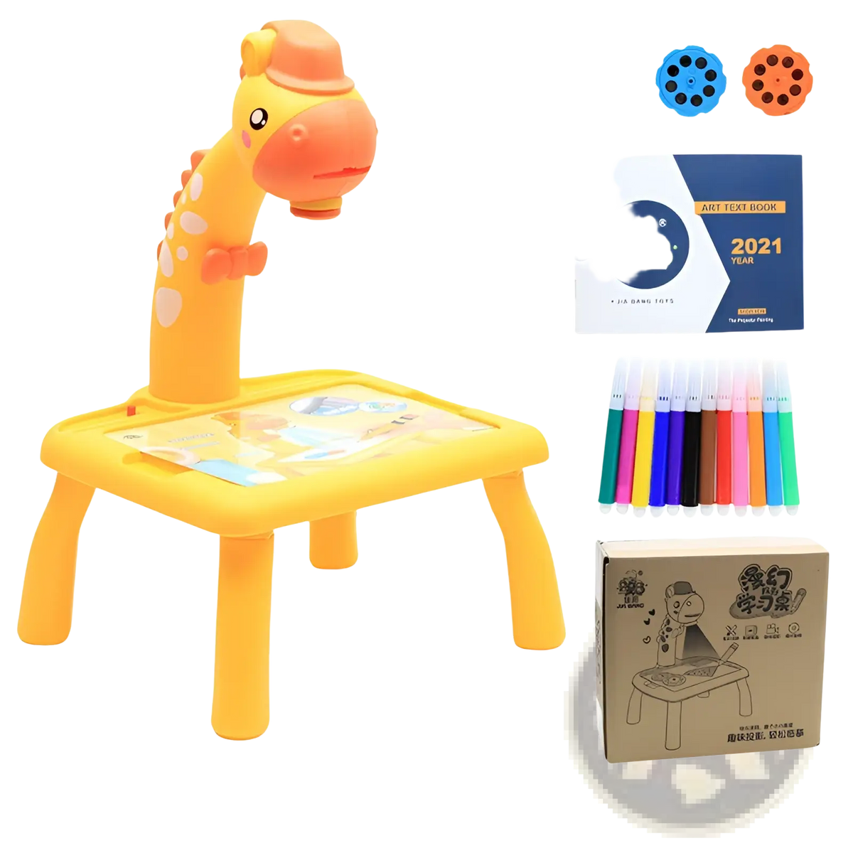 Yellow giraffe-shaped led drawing projector table for kids art painting with playful design and colorful spotlights