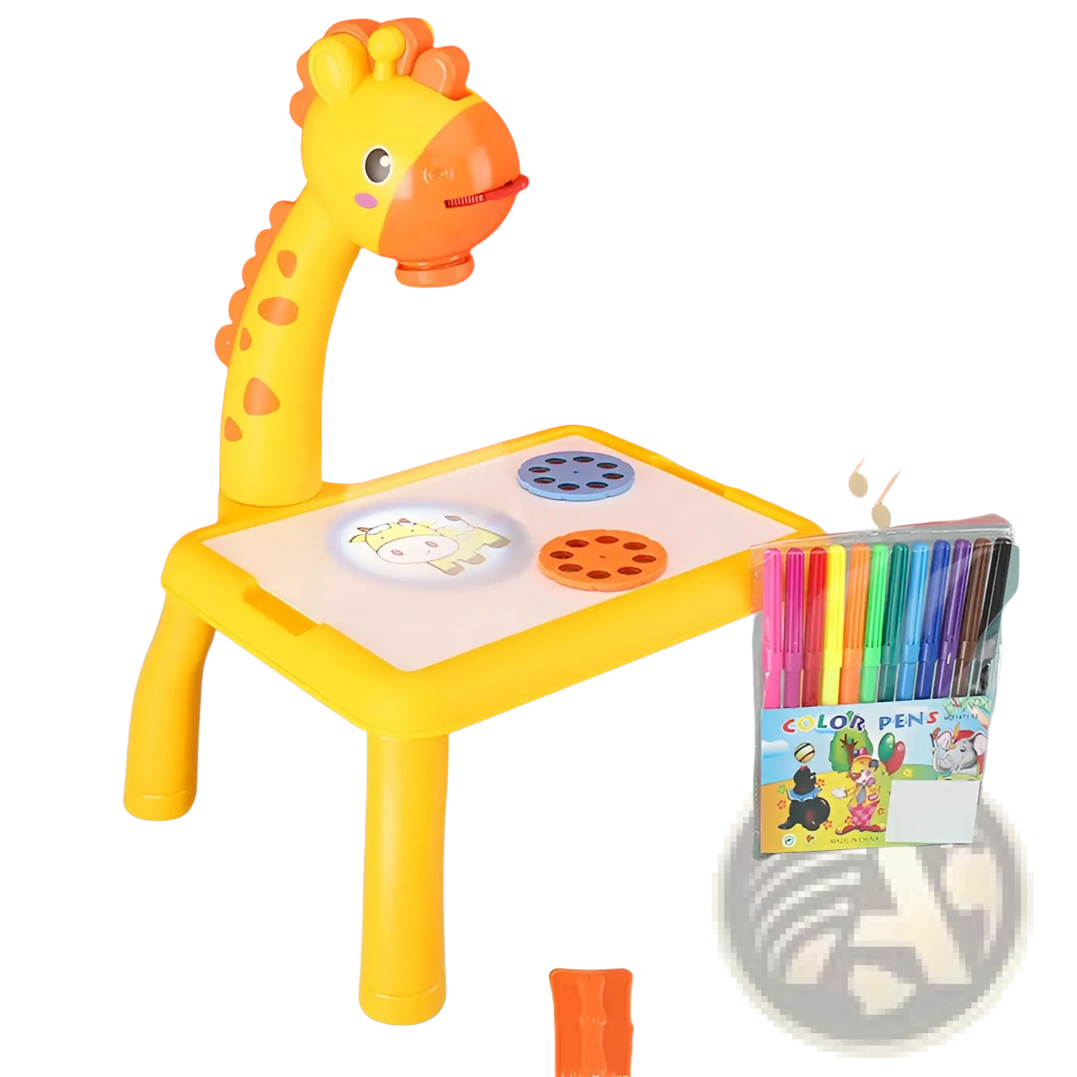 Yellow giraffe-shaped led drawing projector table for kids with white surface and colorful circular cutouts for art painting