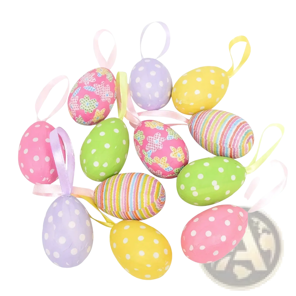 Led easter birch tree with pastel-colored foam eggs featuring polka dots stripes and floral patterns for hanging