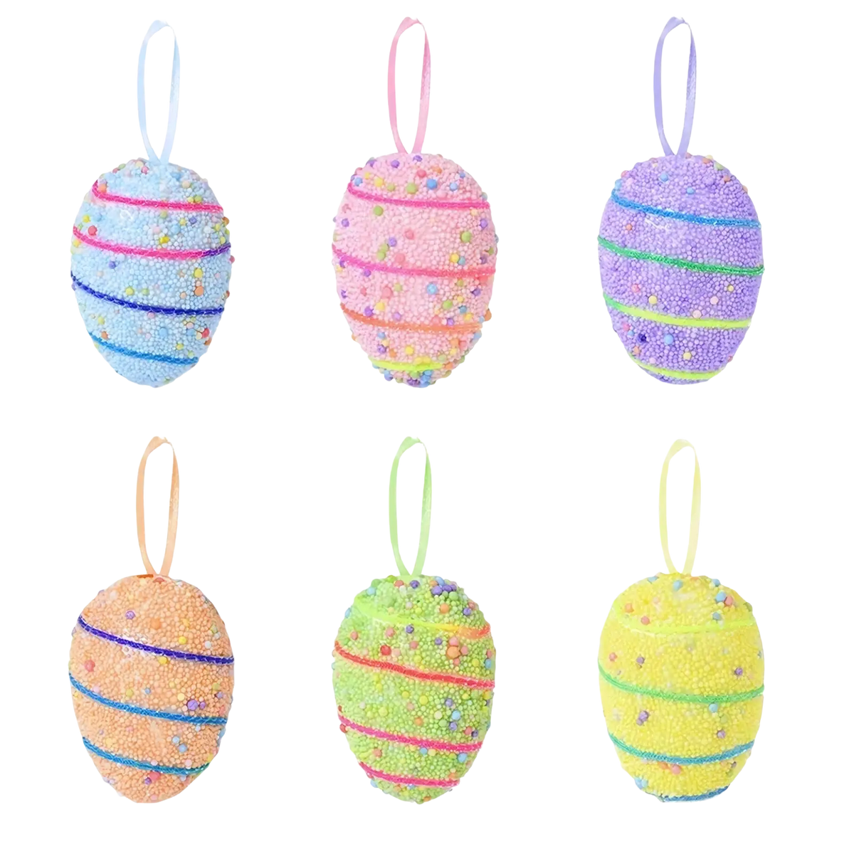 Led easter birch tree with pastel-colored textured bead-like easter egg ornaments featuring colorful striped patterns