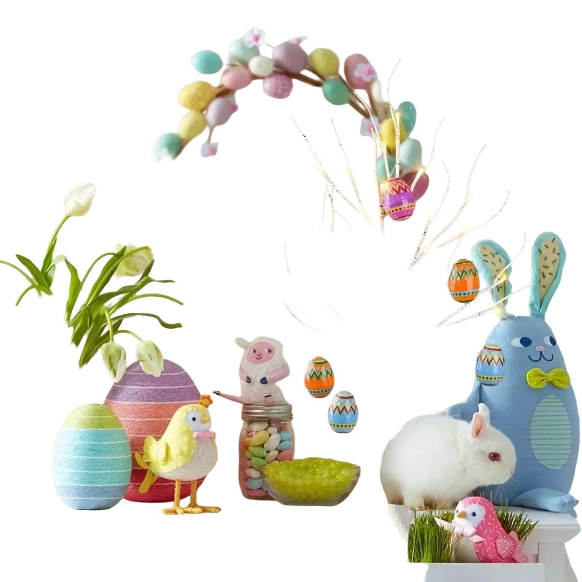 Pastel-colored egg wreath with delicate floral accents on led easter birch tree with hanging ornaments