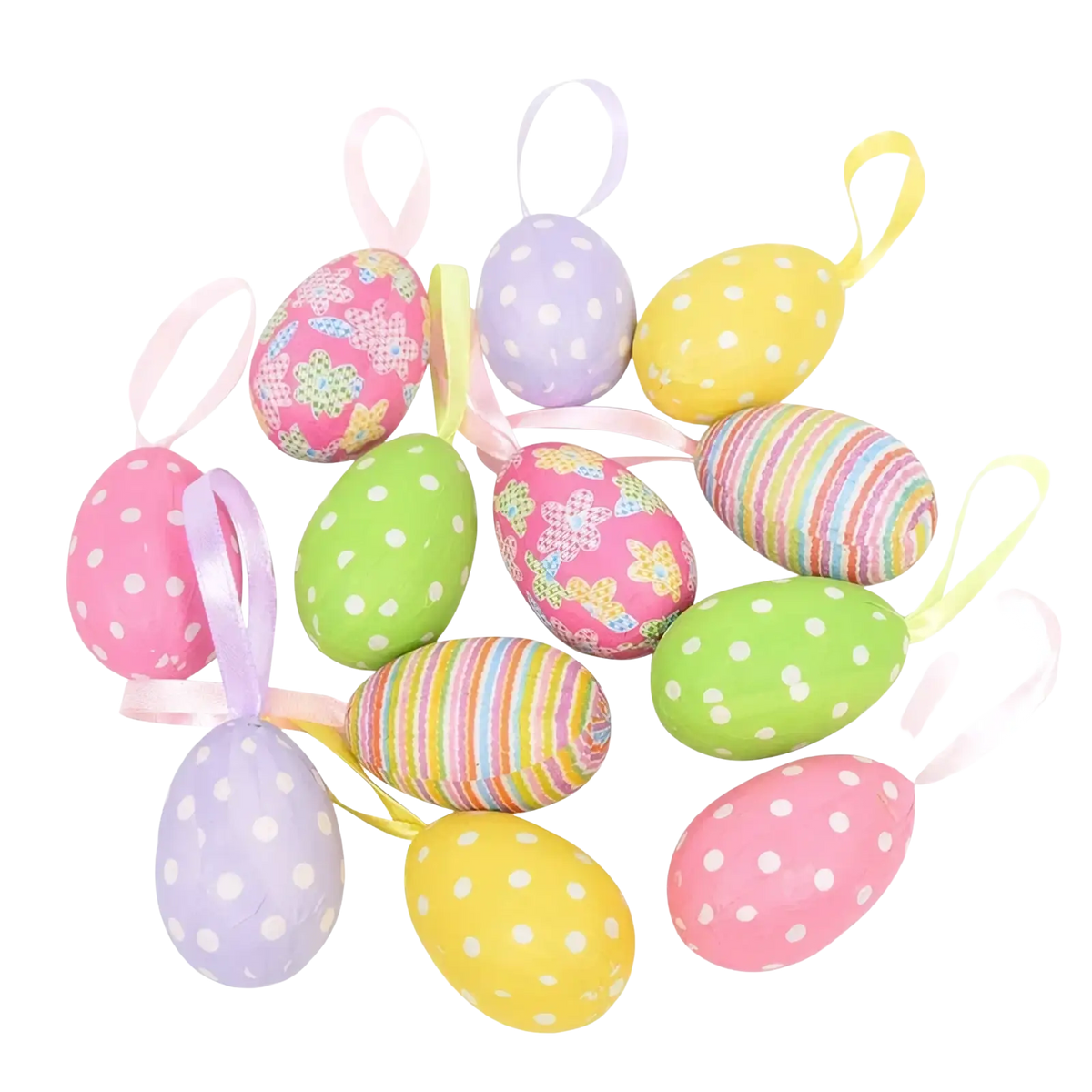 Led easter birch tree with pastel-colored foam eggs featuring polka dots stripes and floral patterns for hanging