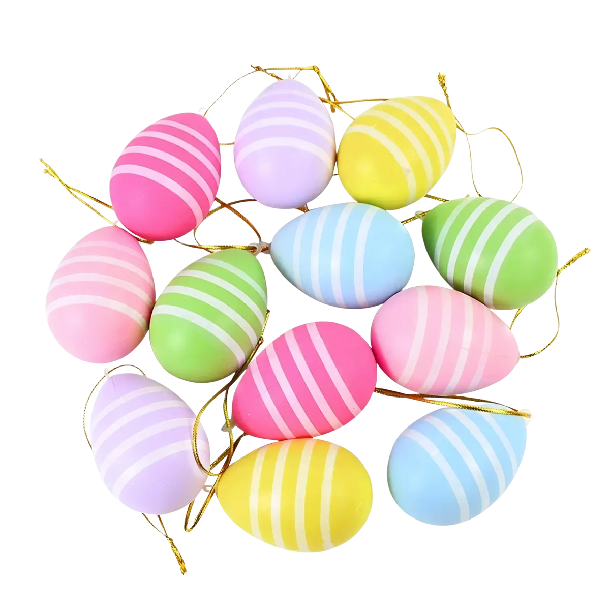 Led easter birch tree with pastel-colored plastic eggs featuring white stripes and gold string hangers