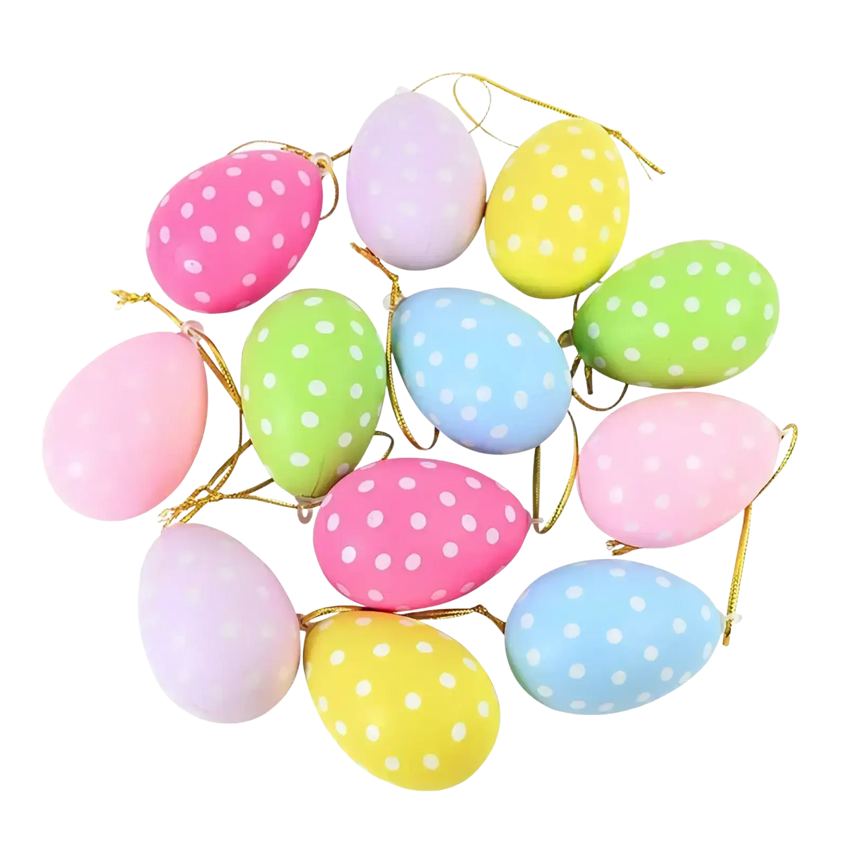 Pastel-colored polka-dotted easter egg ornaments with gold wire hangers on led easter birch tree with hanging ornaments