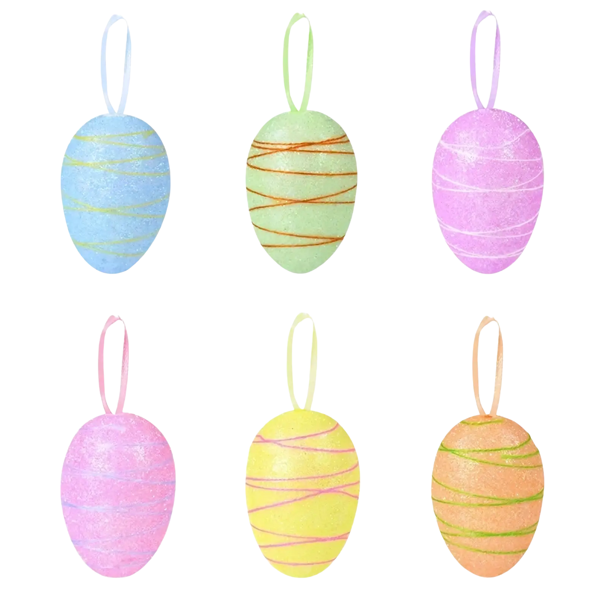 Set of six pastel-colored plastic easter egg ornaments with glittery textured surfaces hanging on led easter birch tree