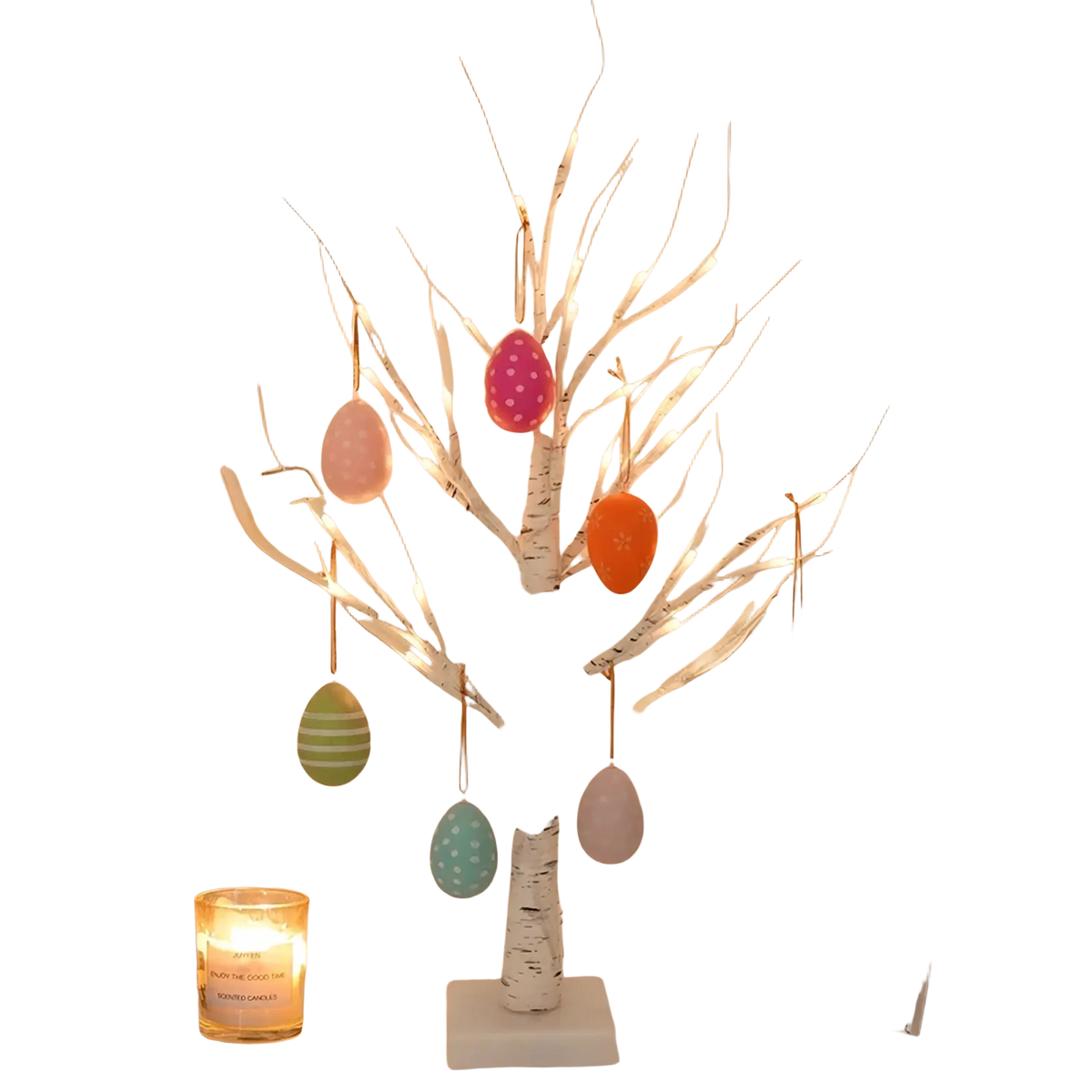 Led easter birch tree decoration featuring white birch branches with glowing lights and hanging easter egg ornaments