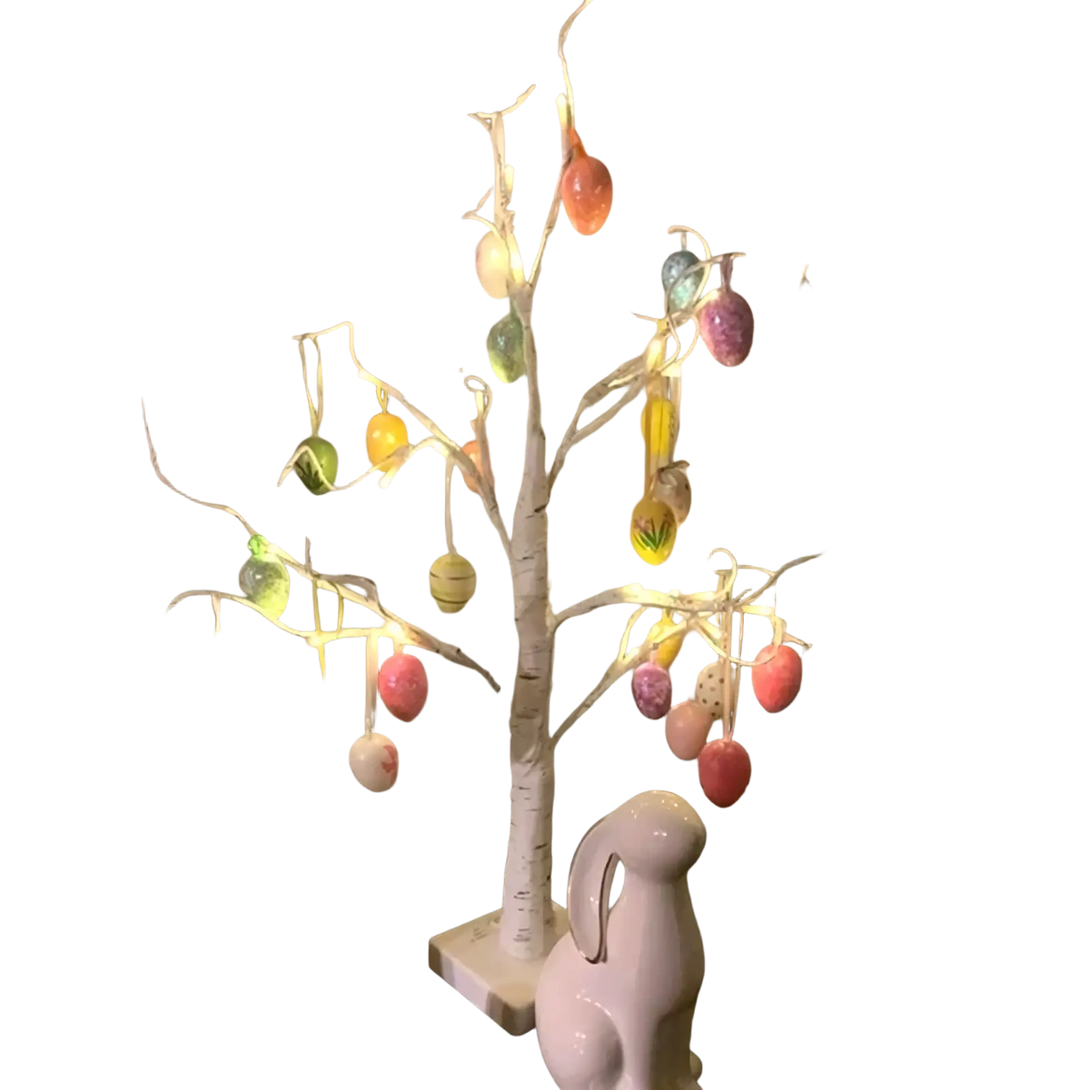 Led easter birch tree decoration with white branches, colorful glossy eggs, and warm string lights hanging ornaments