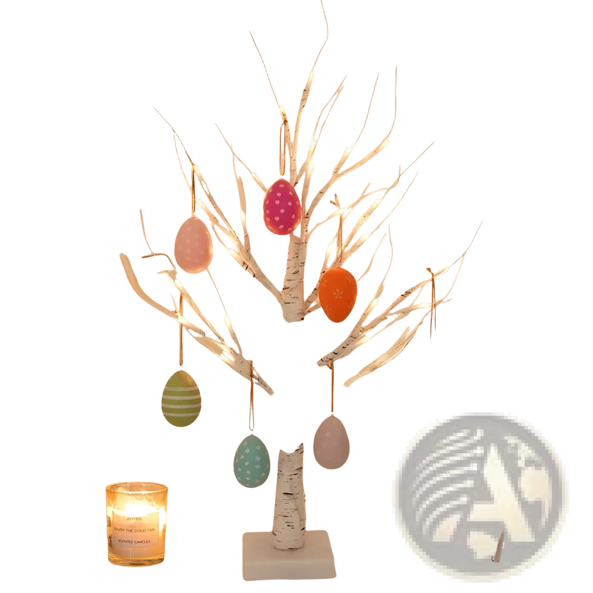 Led easter birch tree decoration featuring white birch branches with glowing lights and hanging easter egg ornaments