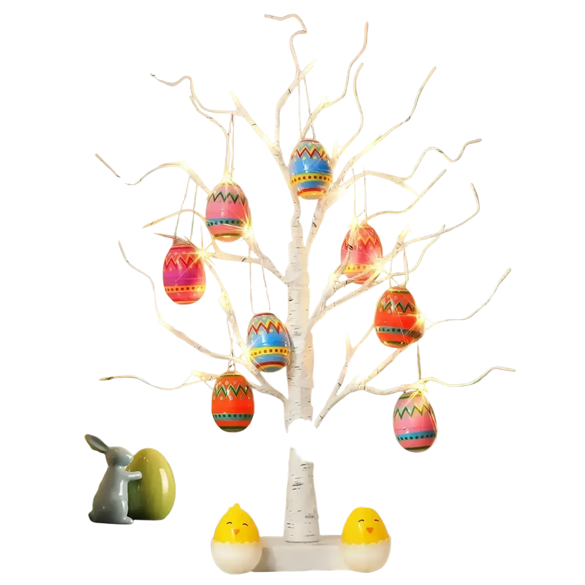 A white led easter birch tree with glowing lights and colorful painted eggs hanging as decorative ornaments