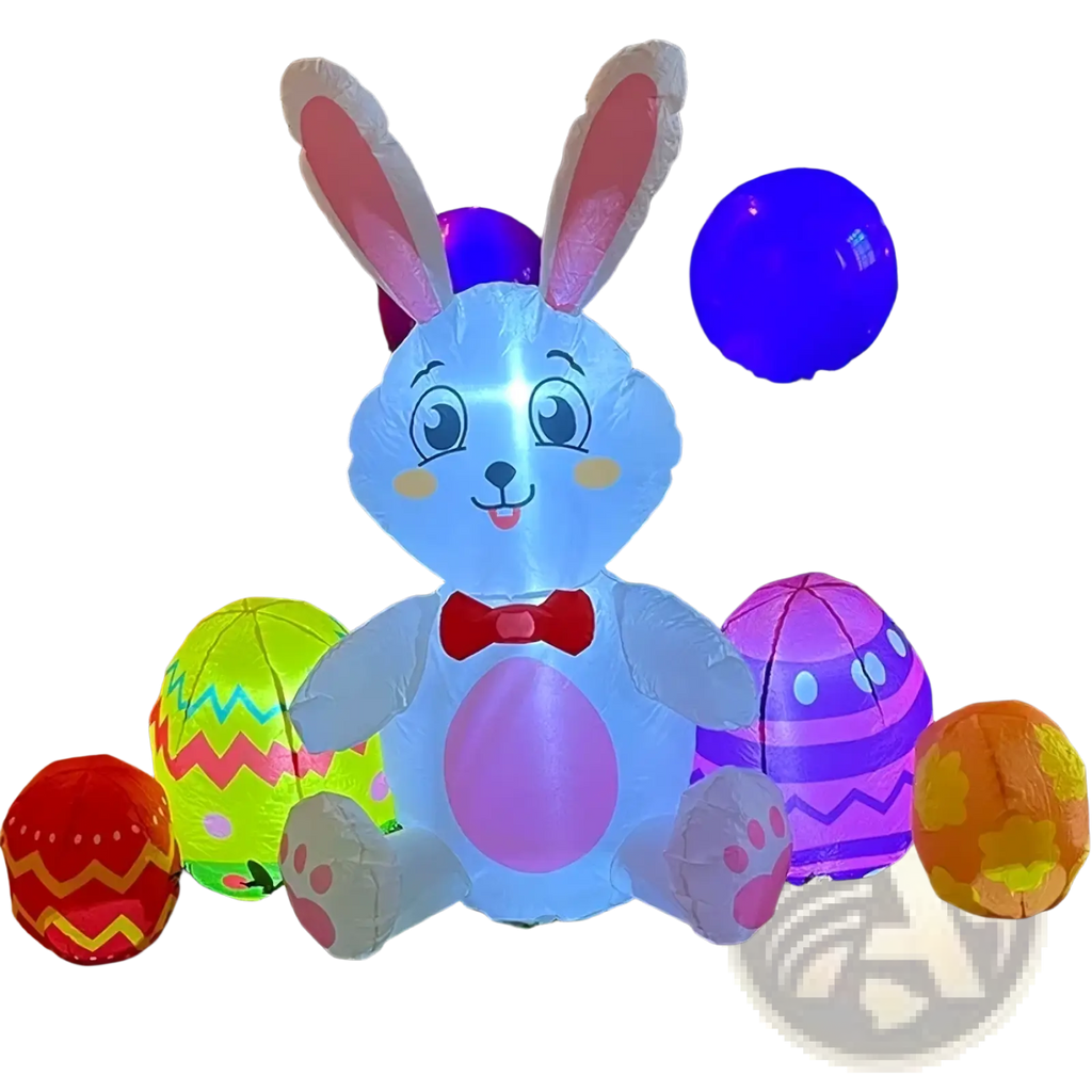 Led easter bunny inflatable yard decoration with glowing blue body, pink inner ears and belly, wearing red bow tie