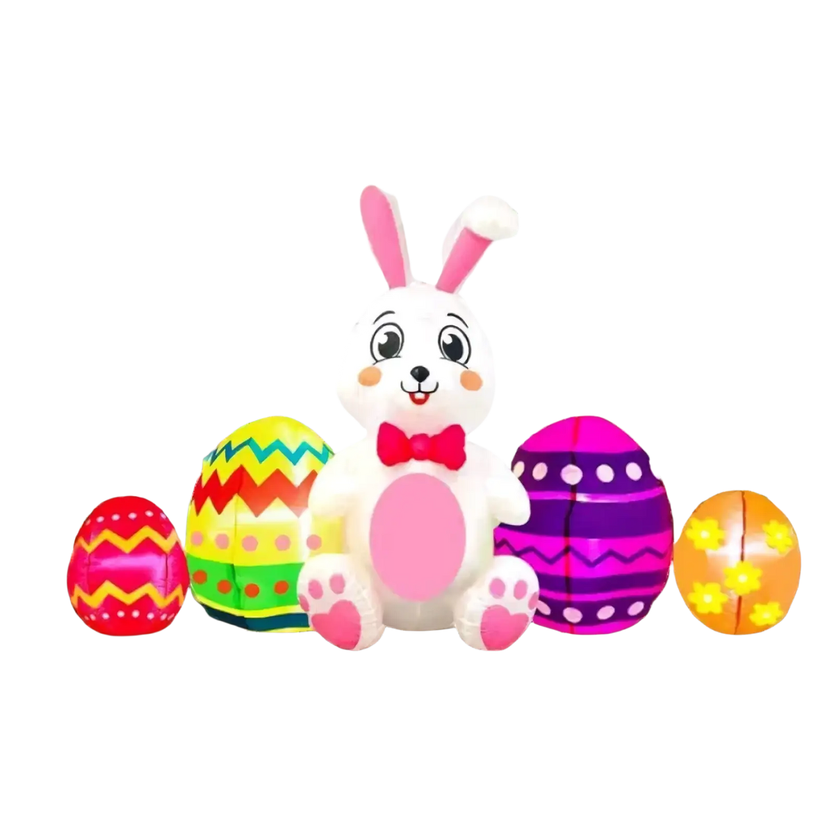 Led Easter bunny inflatable yard decoration is a white inflatable with pink ears cheeks paw pads and a red bow tie