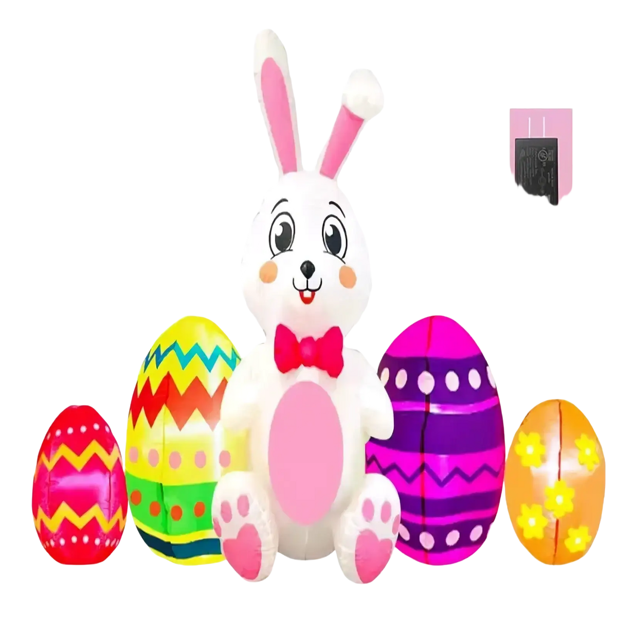 Led easter bunny inflatable yard decoration featuring a white inflatable bunny with pink details and a red bow tie