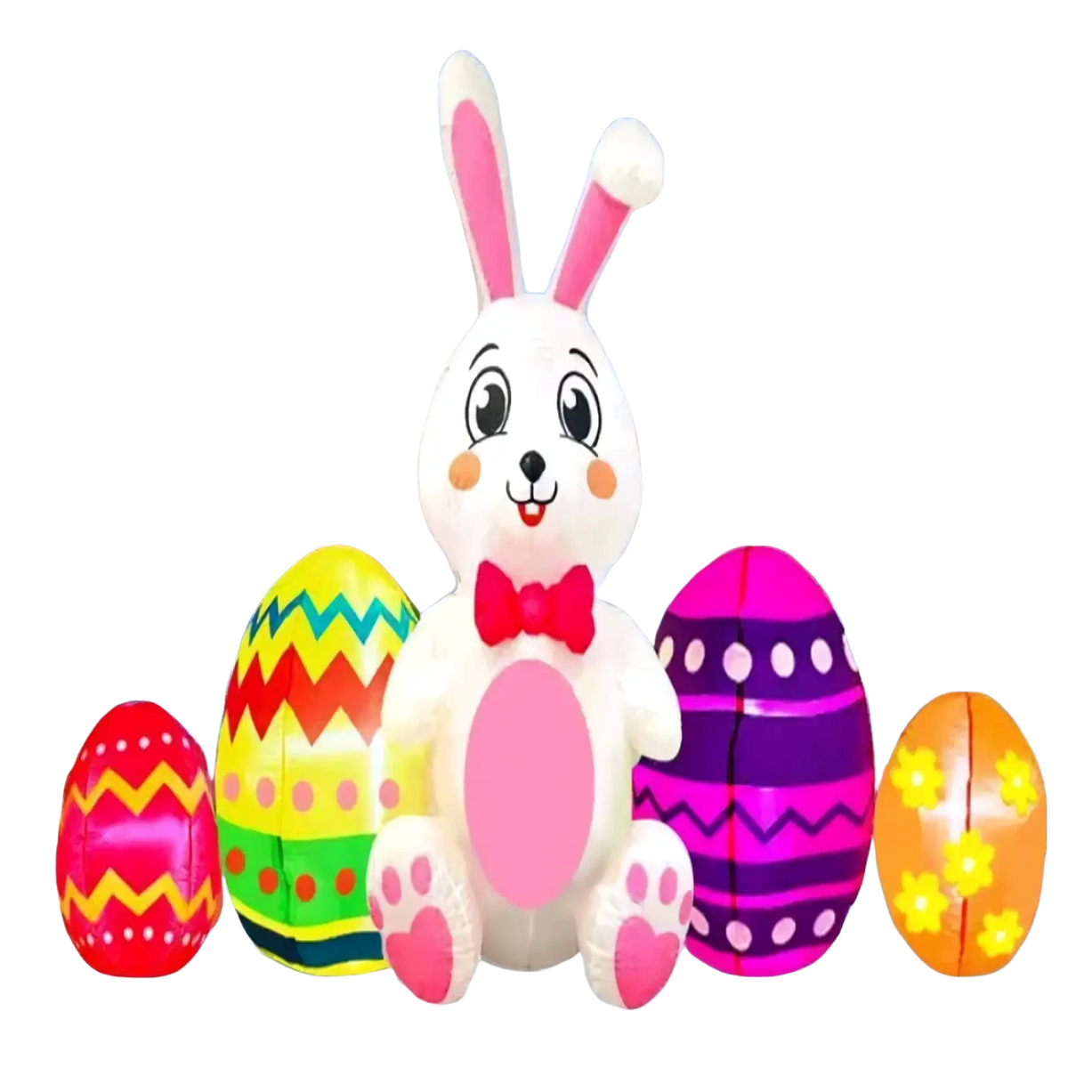 Led easter bunny inflatable yard decoration in white with pink ears and paw pads wearing a red bow tie