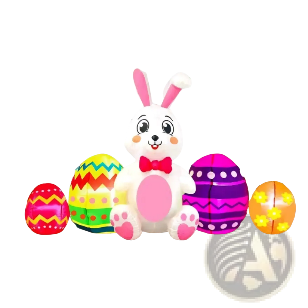 Led Easter bunny inflatable yard decoration is a white inflatable with pink ears cheeks paw pads and a red bow tie