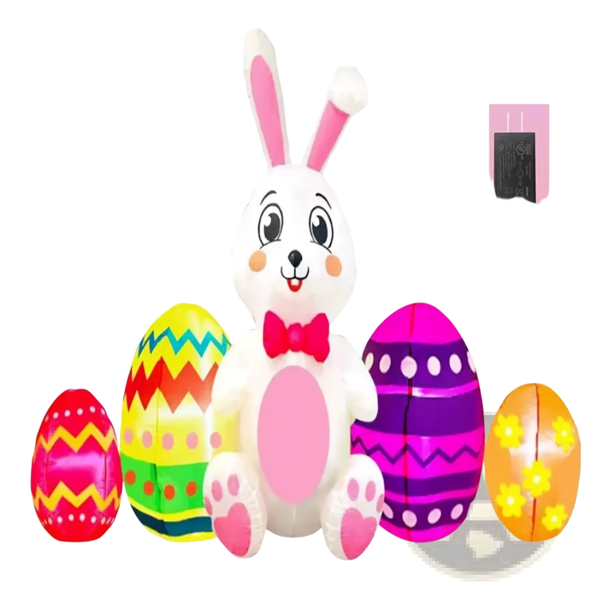 Led easter bunny inflatable yard decoration white with pink ears nose paw pads and red bow tie