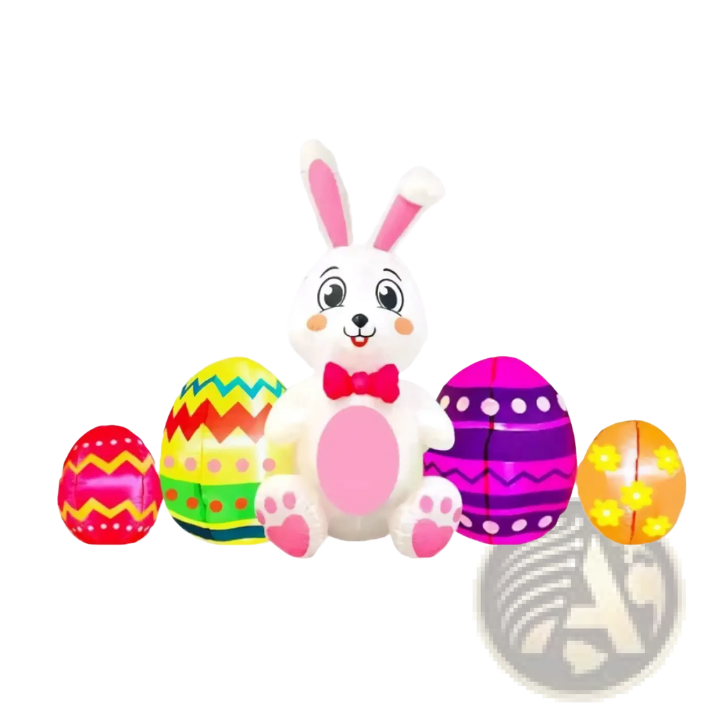 Led easter bunny inflatable yard decoration featuring a white inflatable bunny with pink ears nose paw pads and red bow tie