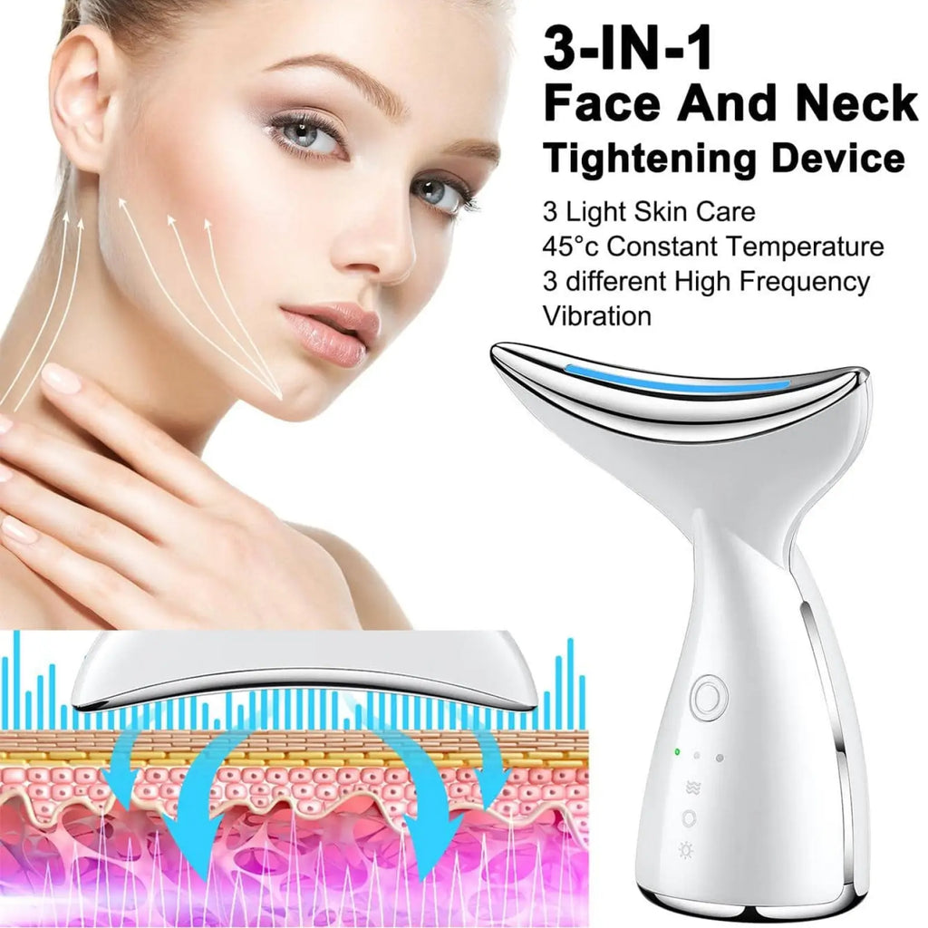 White and silver 3-in-1 led face and neck tightening massager with sleek curved design for wrinkle removal