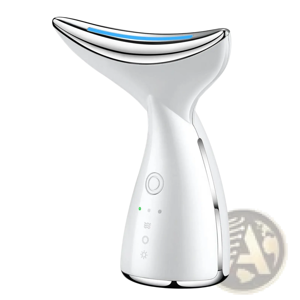 White and silver led face and neck tightening massager with sleek curved design and blue led light for wrinkle removal