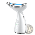 White and silver led face and neck tightening massager with sleek curved design and blue led light for wrinkle removal