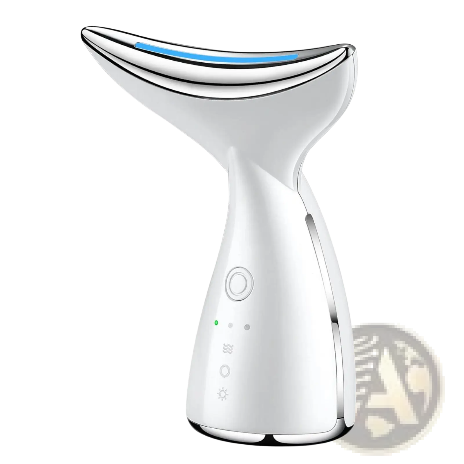 White and silver led face and neck tightening massager with sleek curved design and blue led light for wrinkle removal