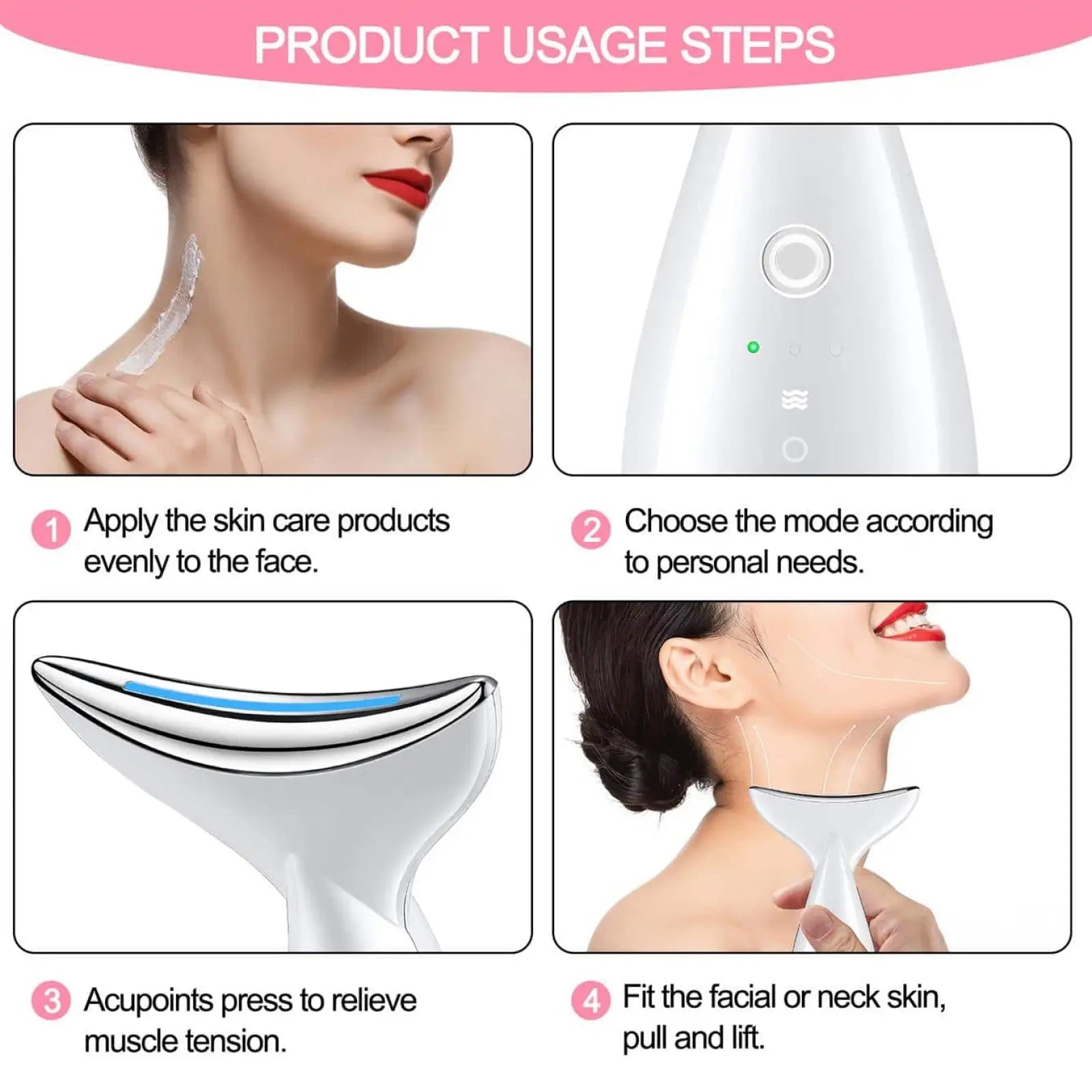 White plastic led face and neck tightening massager with curved v-shaped design and blue led lighting for wrinkle removal