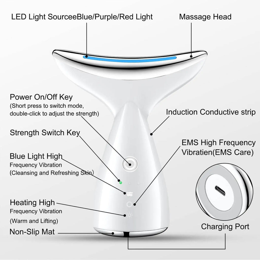 White plastic led face and neck tightening massager with blue led light and induction strip for wrinkle removal