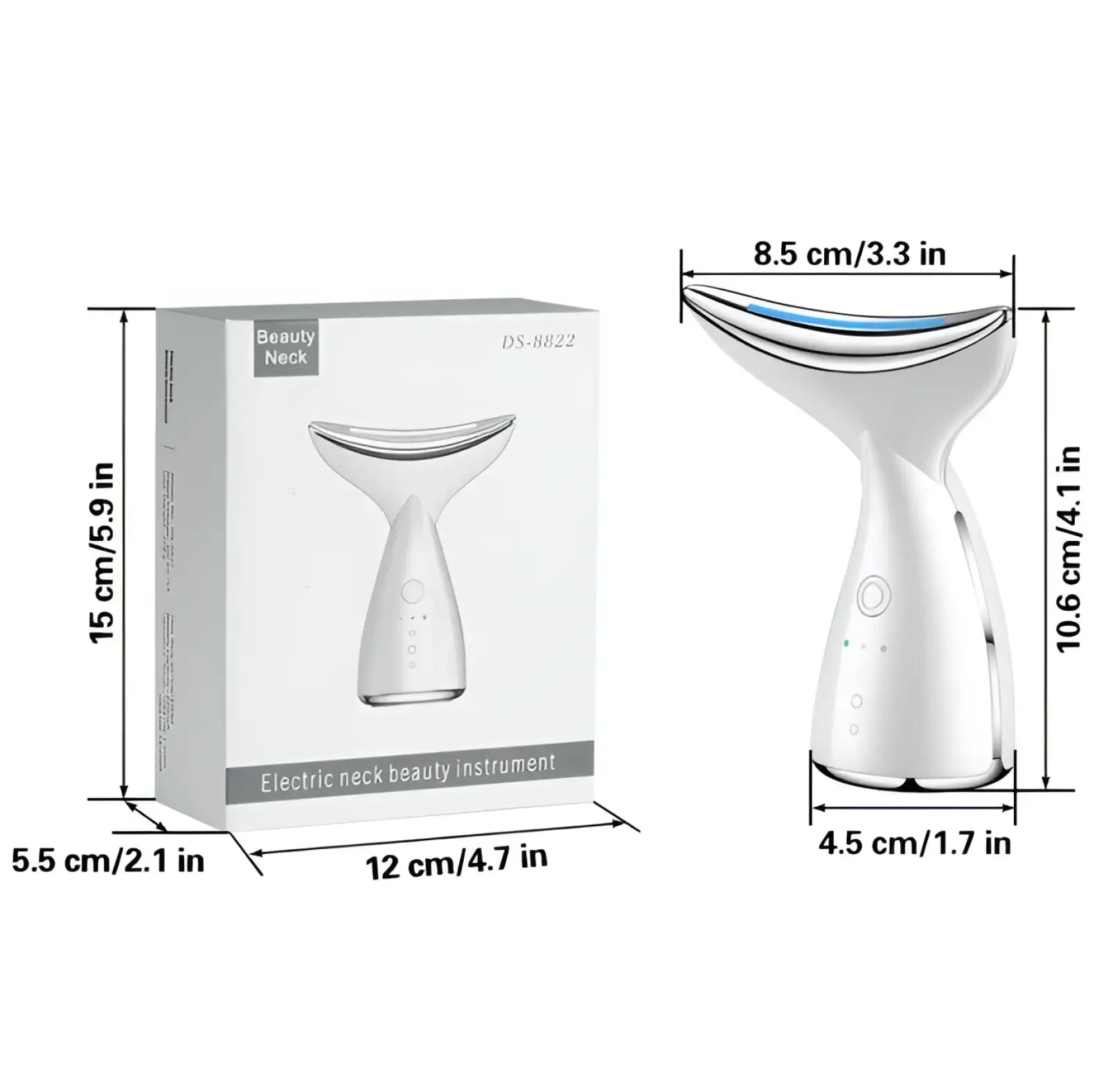 White electric led face and neck tightening massager with blue accent lighting for wrinkle removal