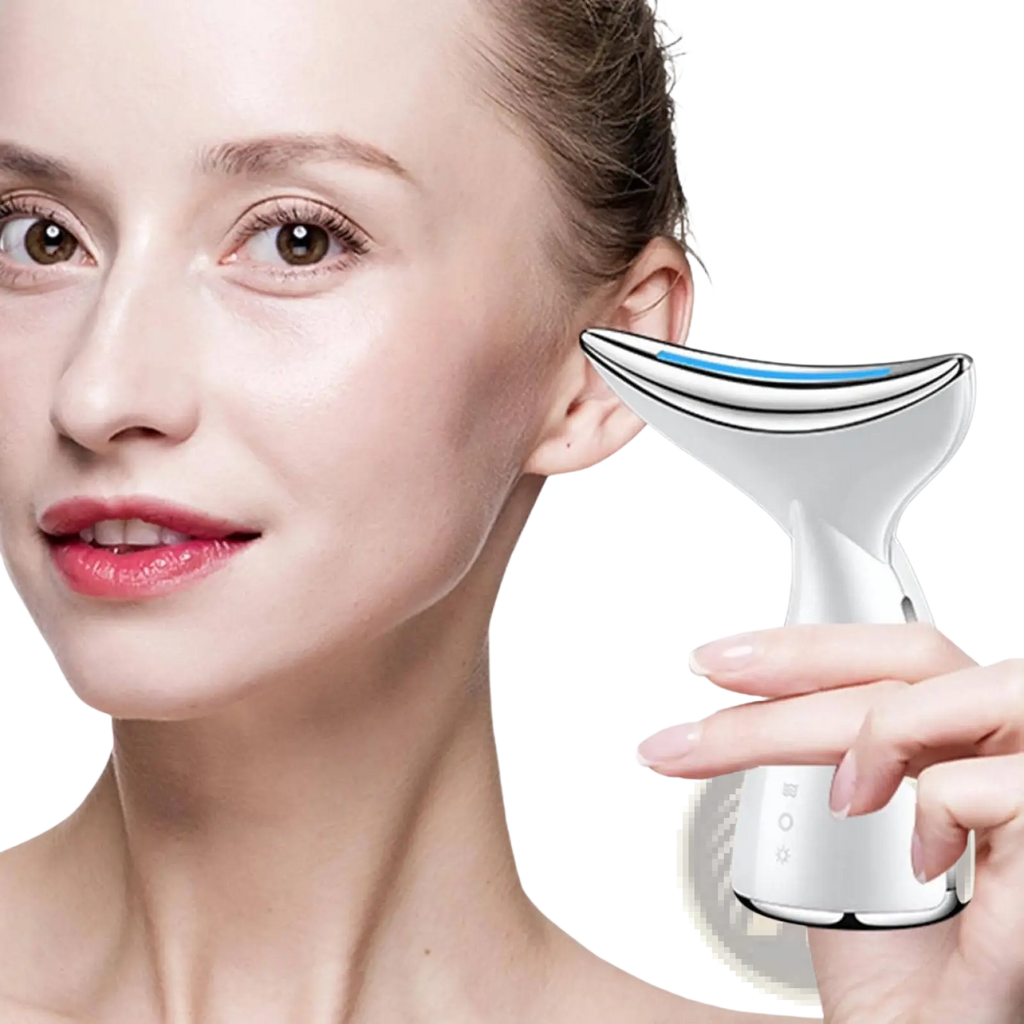 Silver led face and neck tightening massager with sleek curved design and blue led lighting for wrinkle removal