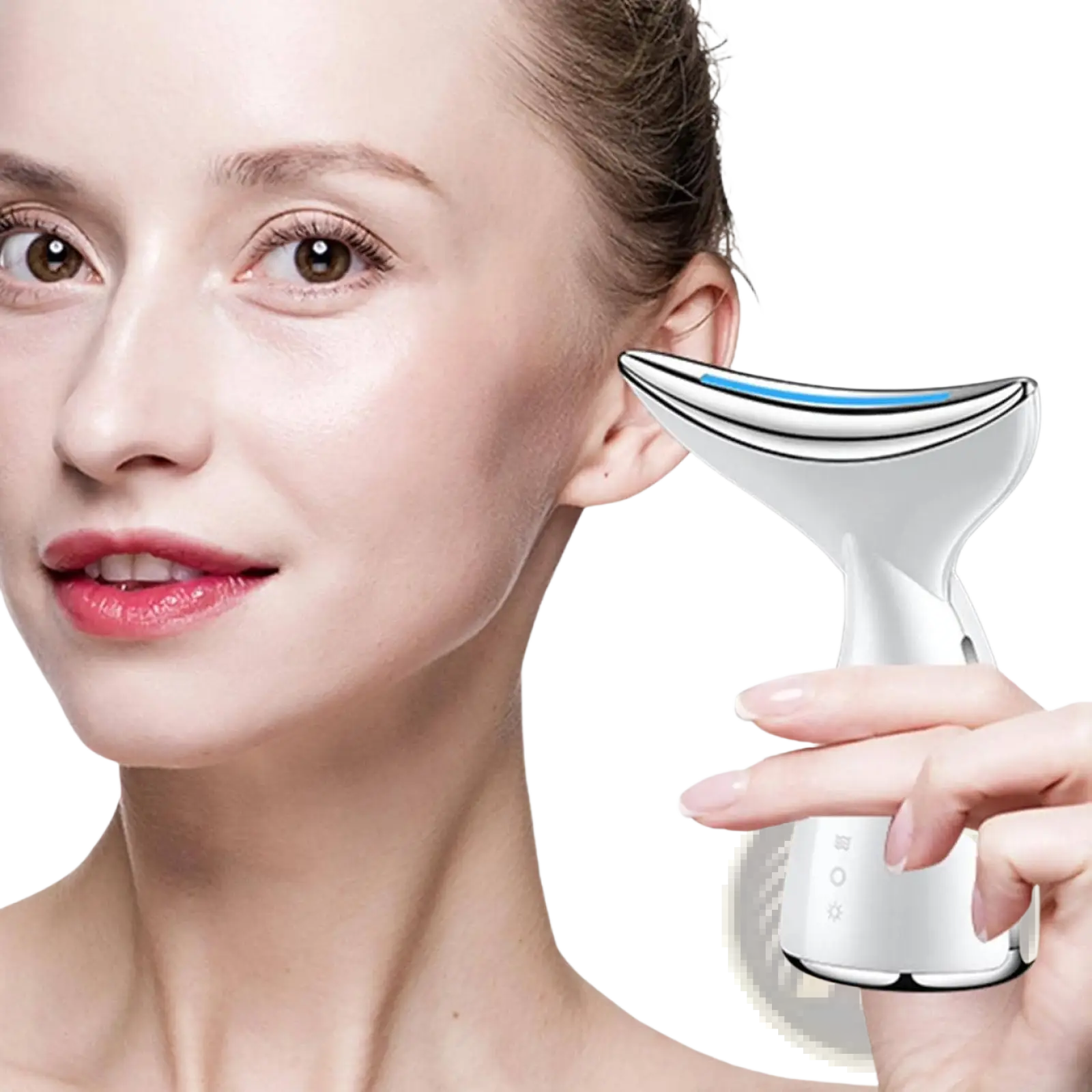 Silver led face and neck tightening massager with sleek curved design and blue led lighting for wrinkle removal