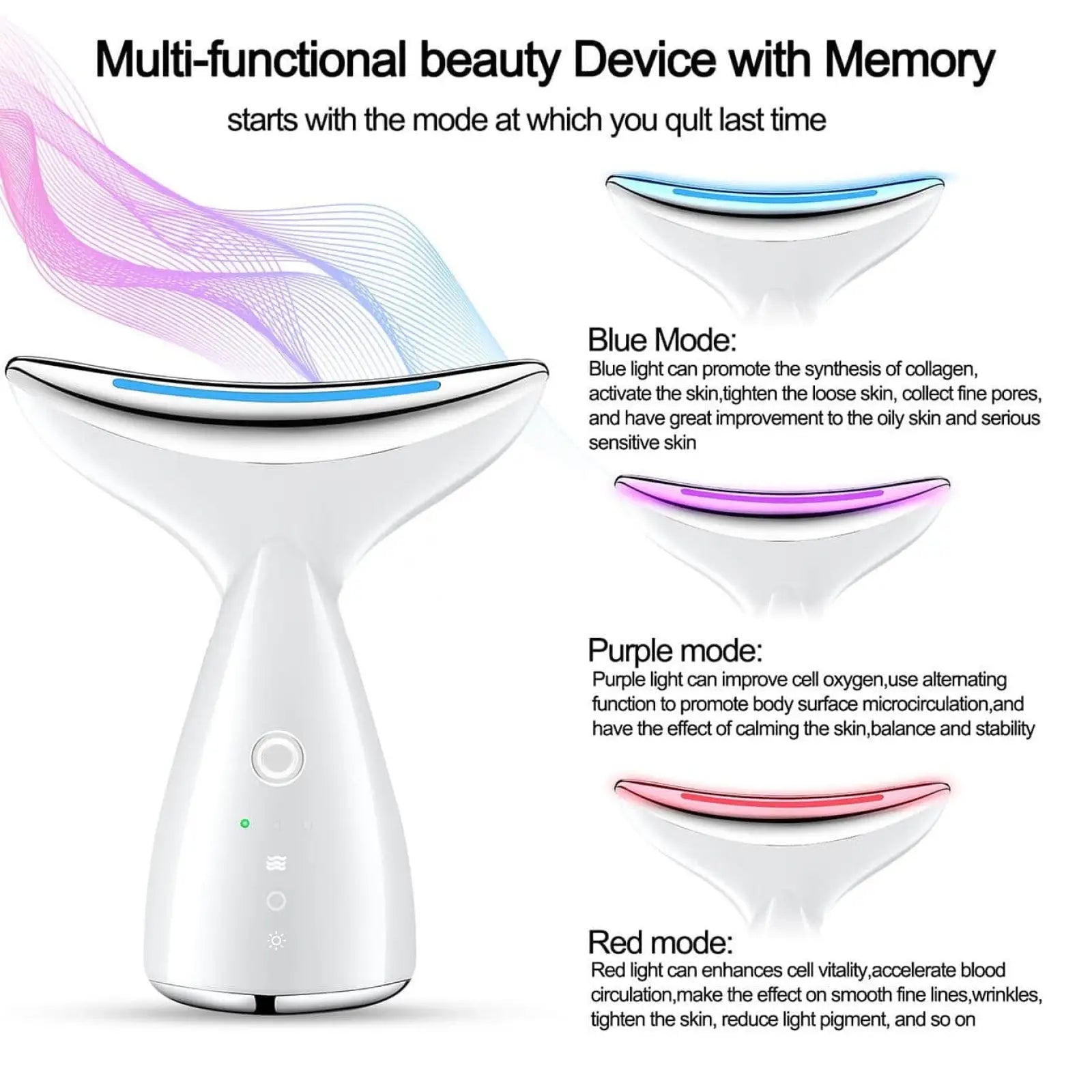 Led face and neck tightening massager in white with curved design and three light modes for wrinkle removal