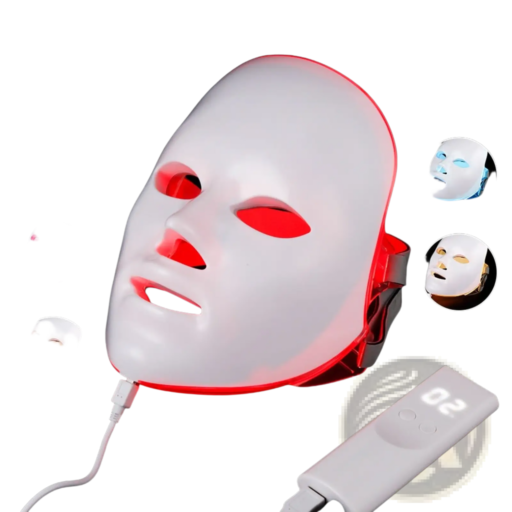 White led facial mask with red light photon skin therapy featuring sleek plastic design and seven color options