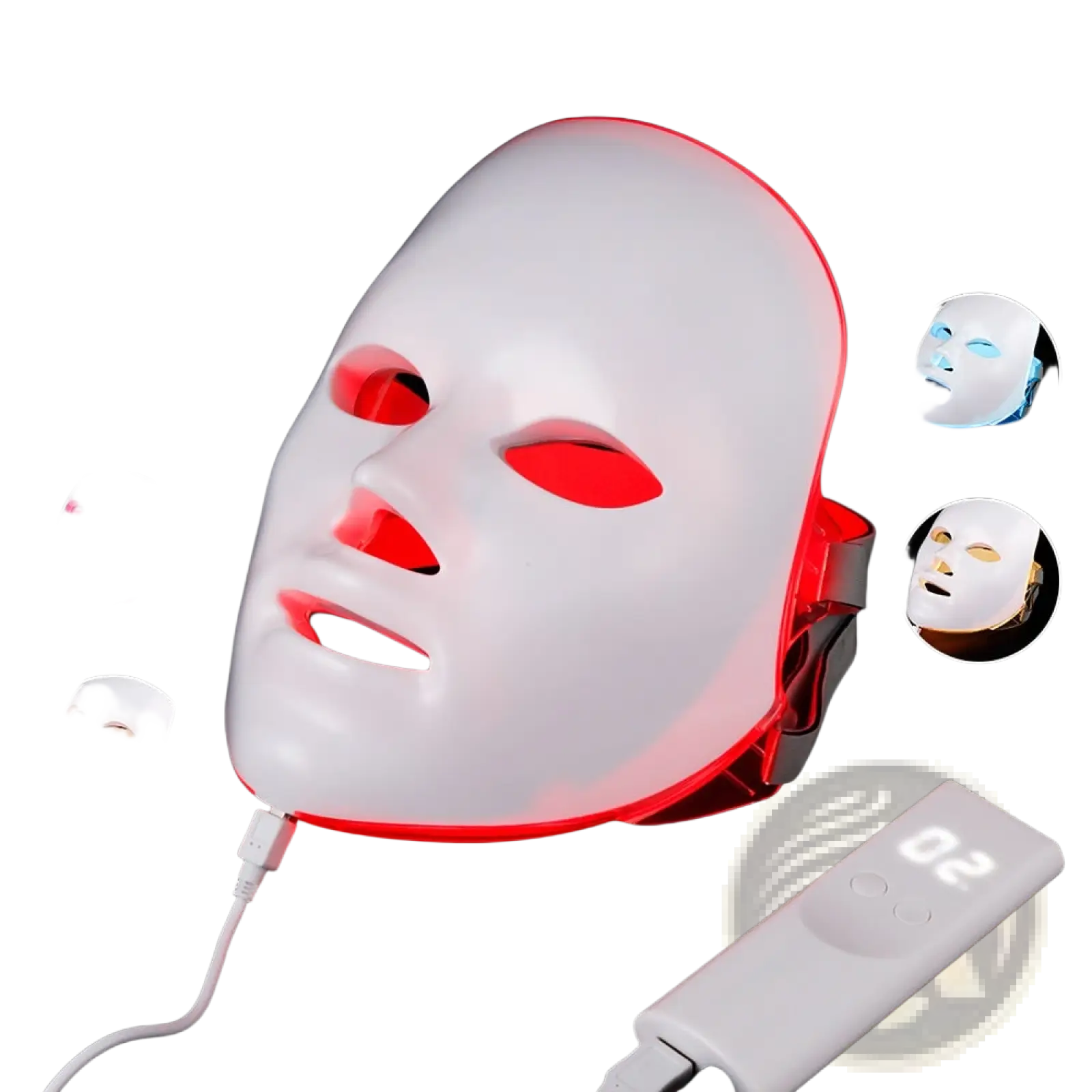 White led facial mask with red light photon skin therapy featuring sleek plastic design and seven color options