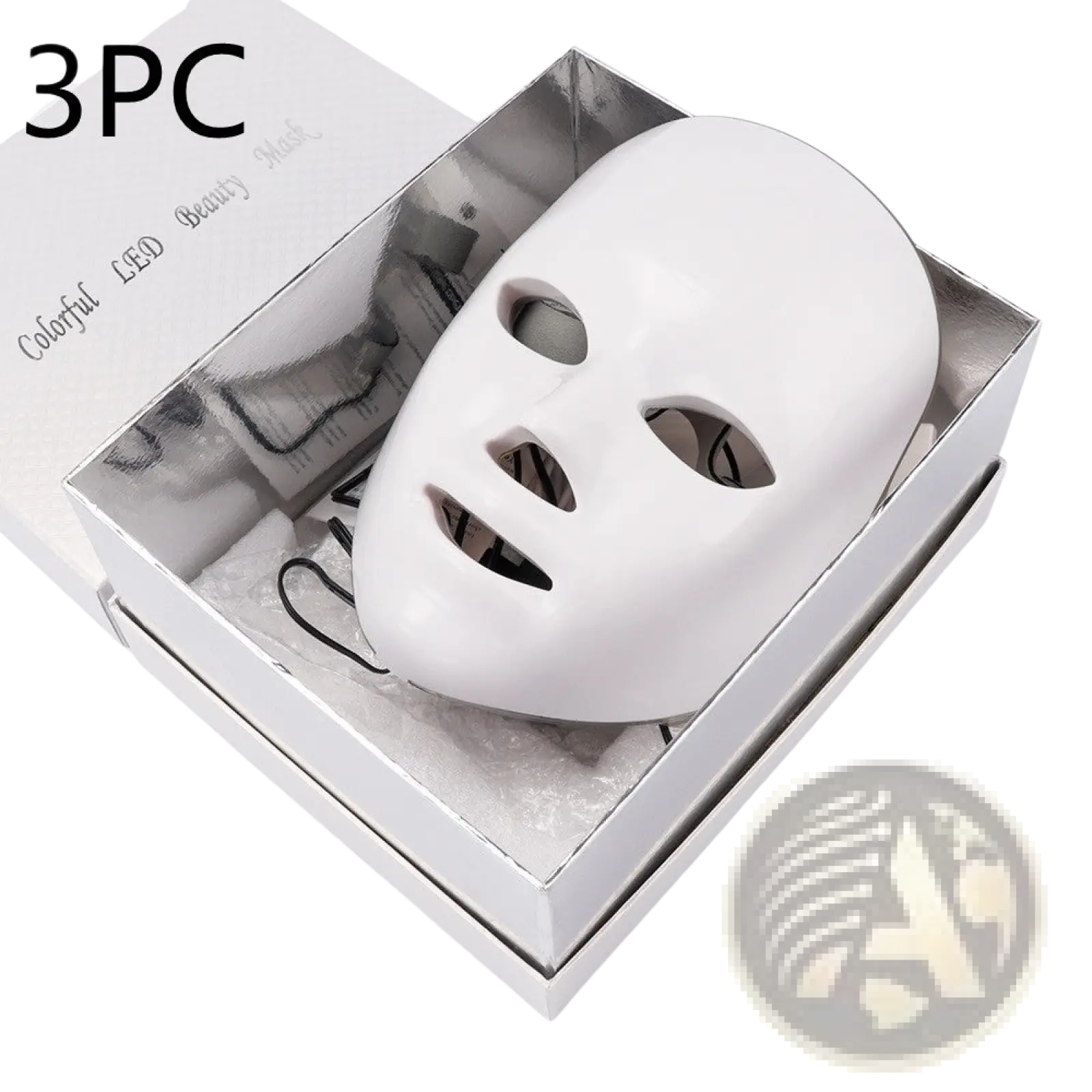 White LED facial mask with 7 color red light photon skin therapy in a sleek silver box for beauty treatment