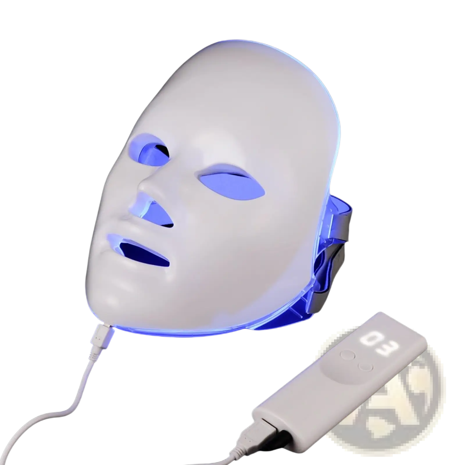 Led facial mask white with blue light emitting from eye nose and mouth openings for red light photon therapy