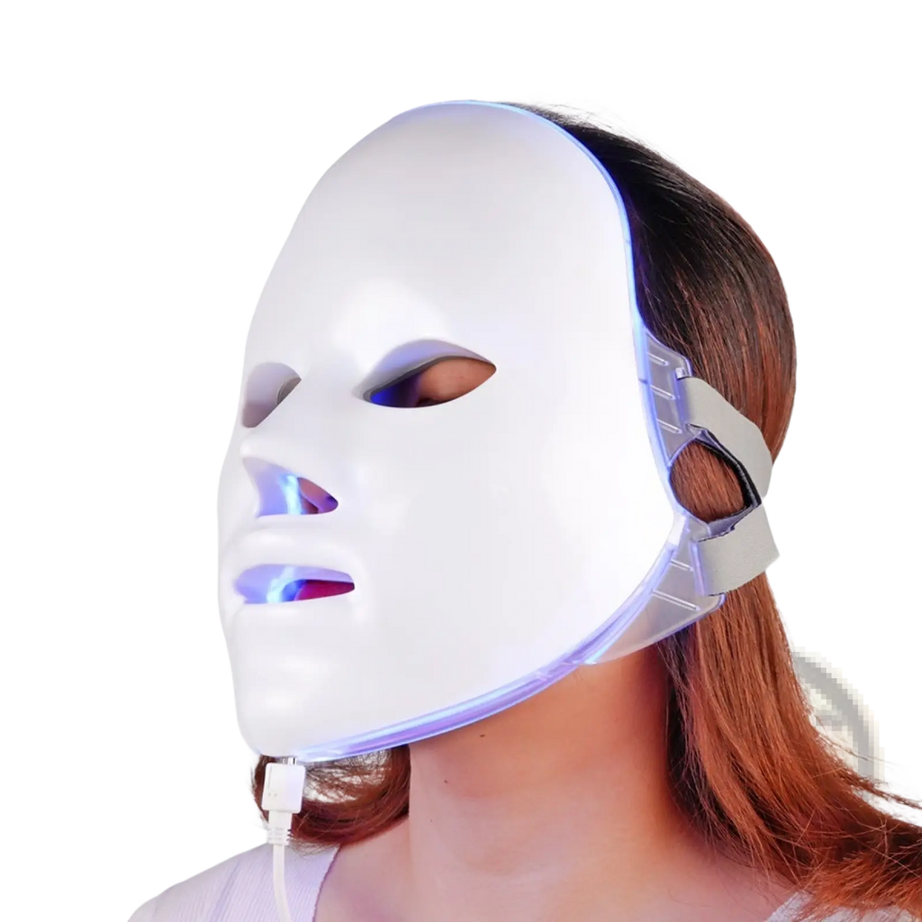 Led facial mask white with blue light emitting from eyes nose and mouth areas for 7 color red light skin therapy